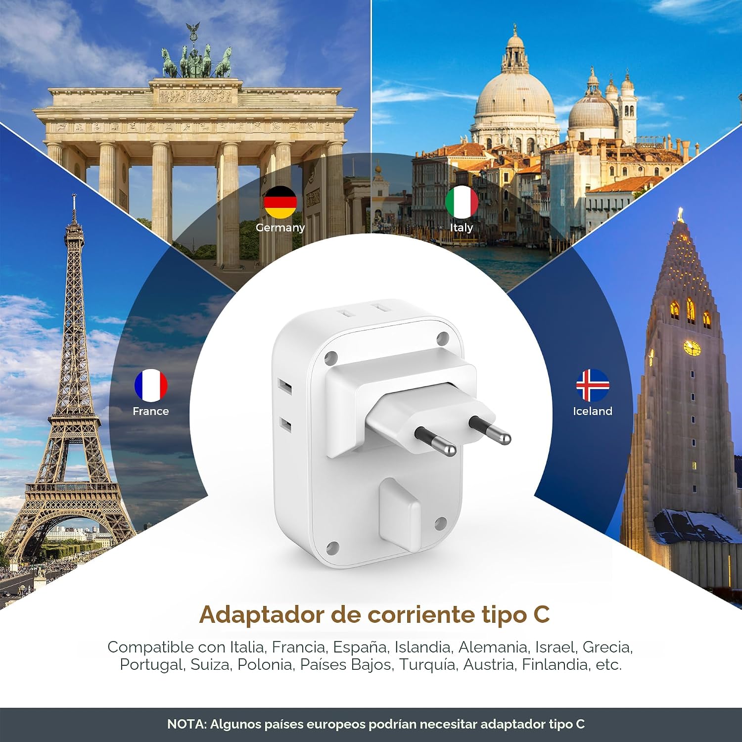 ADAPTADOR DE VIAJE TESSAN TIPO C PLEGABLE 2 UNIDADES CON 4 TOMAS Y 3 PUERTOS USB - 5