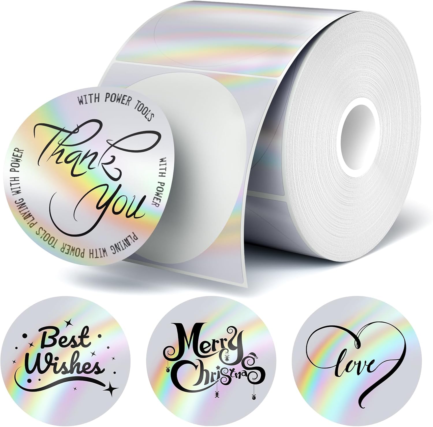 ETIQUETAS TÉRMICAS HOLOGRÁFICAS REDONDAS 3 PULGADAS FLYQGGO CON DISEÑO ONDA ARCOÍRIS, 200 UNIDADES, PLATA - 1