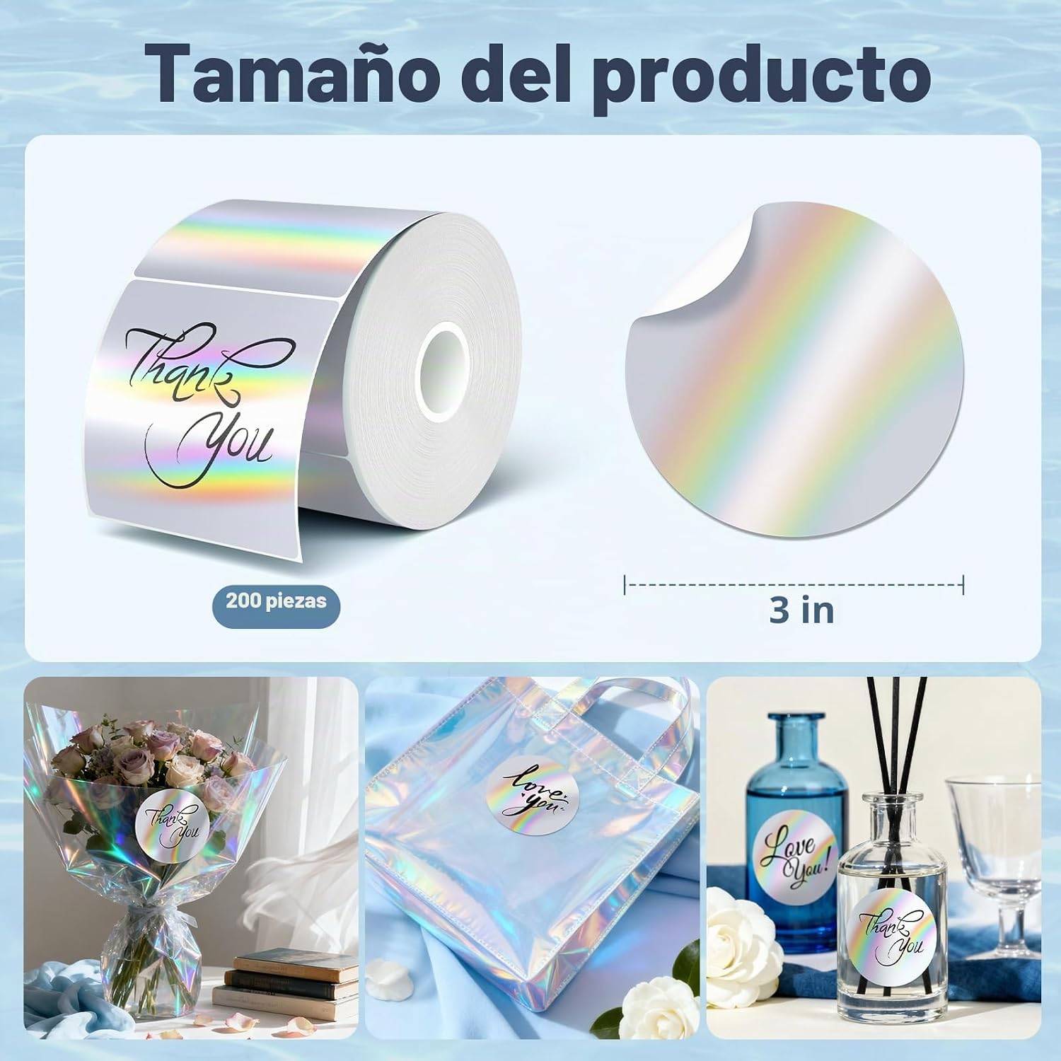 ETIQUETAS TÉRMICAS HOLOGRÁFICAS REDONDAS 3 PULGADAS FLYQGGO CON DISEÑO ONDA ARCOÍRIS, 200 UNIDADES, PLATA - 2