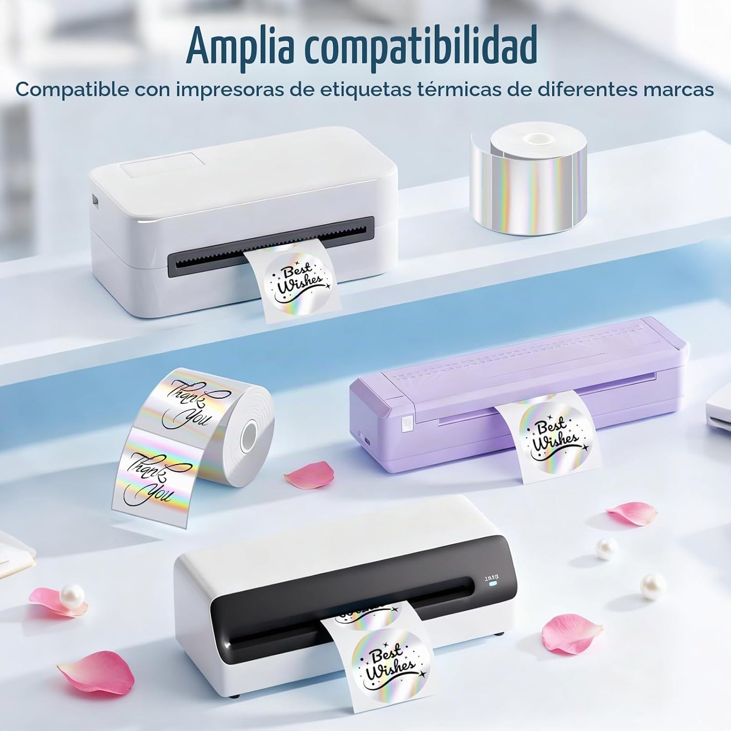 ETIQUETAS TÉRMICAS HOLOGRÁFICAS REDONDAS 3 PULGADAS FLYQGGO CON DISEÑO ONDA ARCOÍRIS, 200 UNIDADES, PLATA - 3