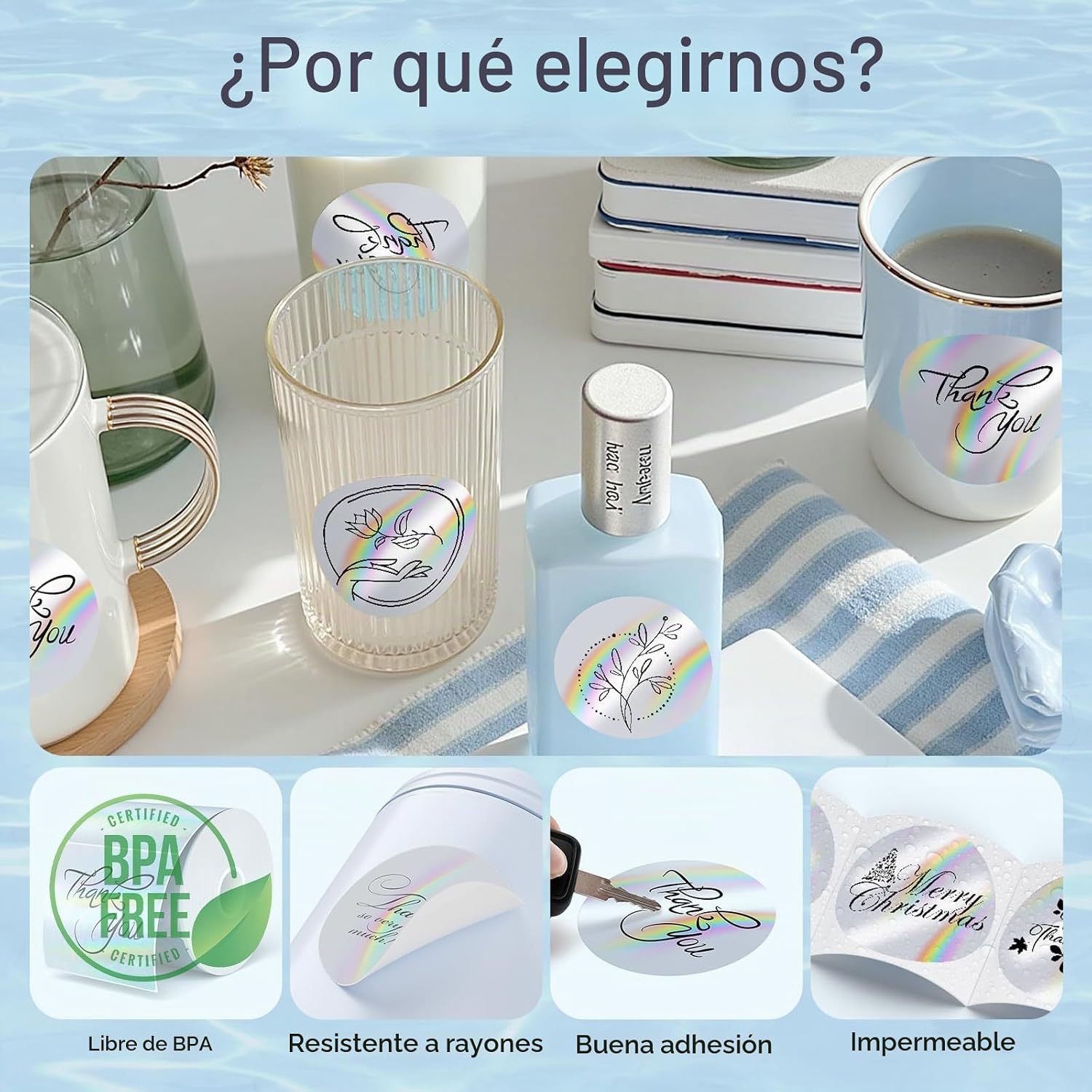 ETIQUETAS TÉRMICAS HOLOGRÁFICAS REDONDAS 3 PULGADAS FLYQGGO CON DISEÑO ONDA ARCOÍRIS, 200 UNIDADES, PLATA - 4