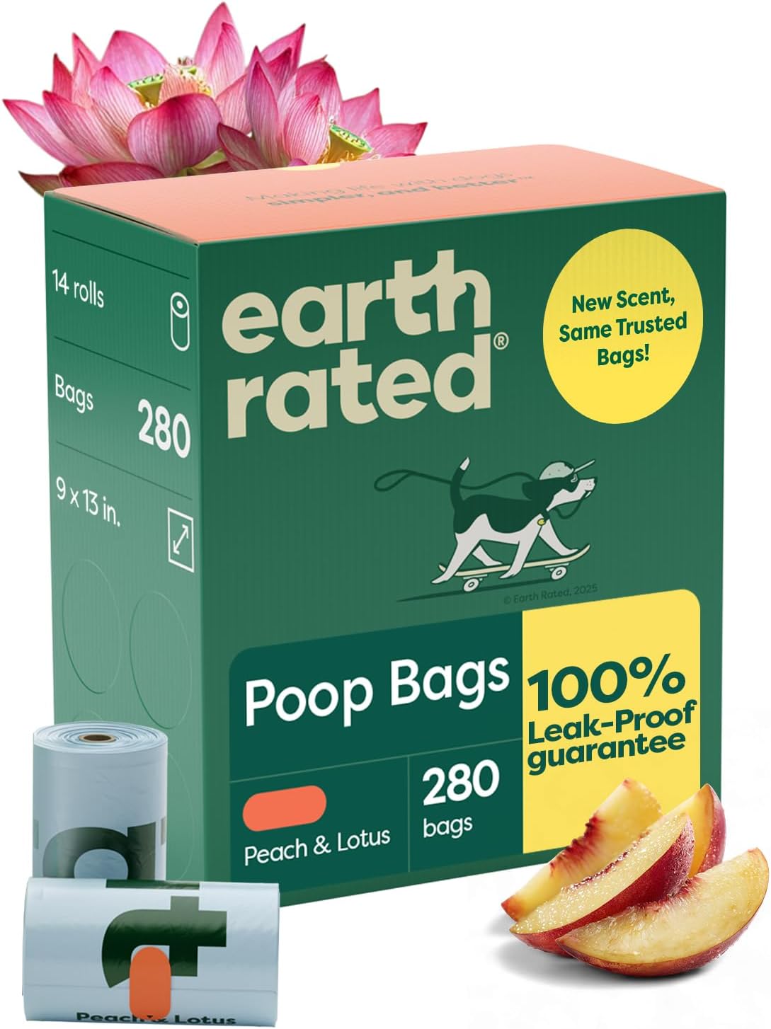BOLSAS PARA DESECHOS DE PERRO EARTH RATED EN ROLLO DE RECARGA, 280 BOLSAS, AROMA DURAZNO Y LOTO - 1
