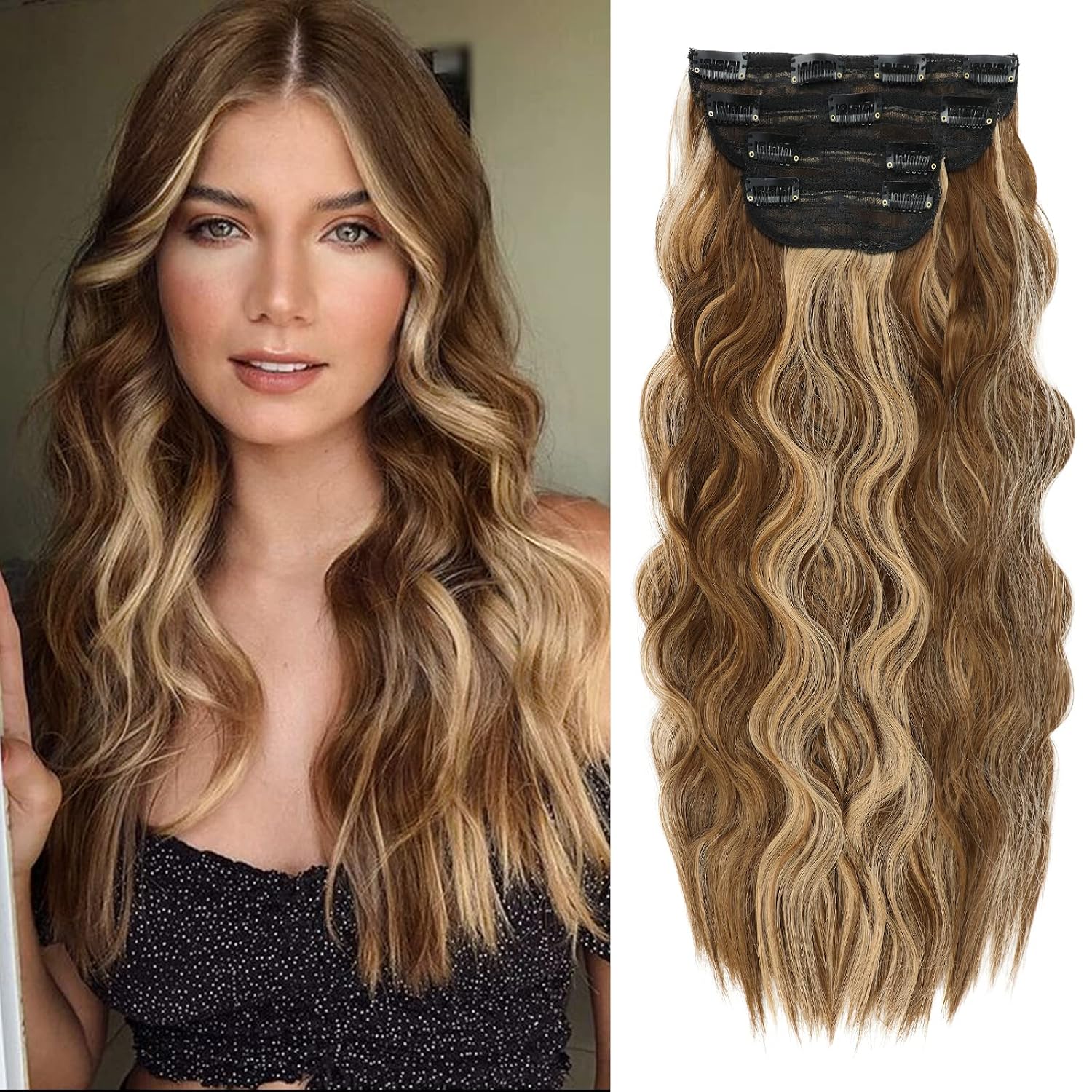 EXTENSIONES DE CABELLO CLIP IN VERNA 20 PULGADAS CARAMELO MARRÓN Y RUBIO DORADO 4 PIEZAS - 1