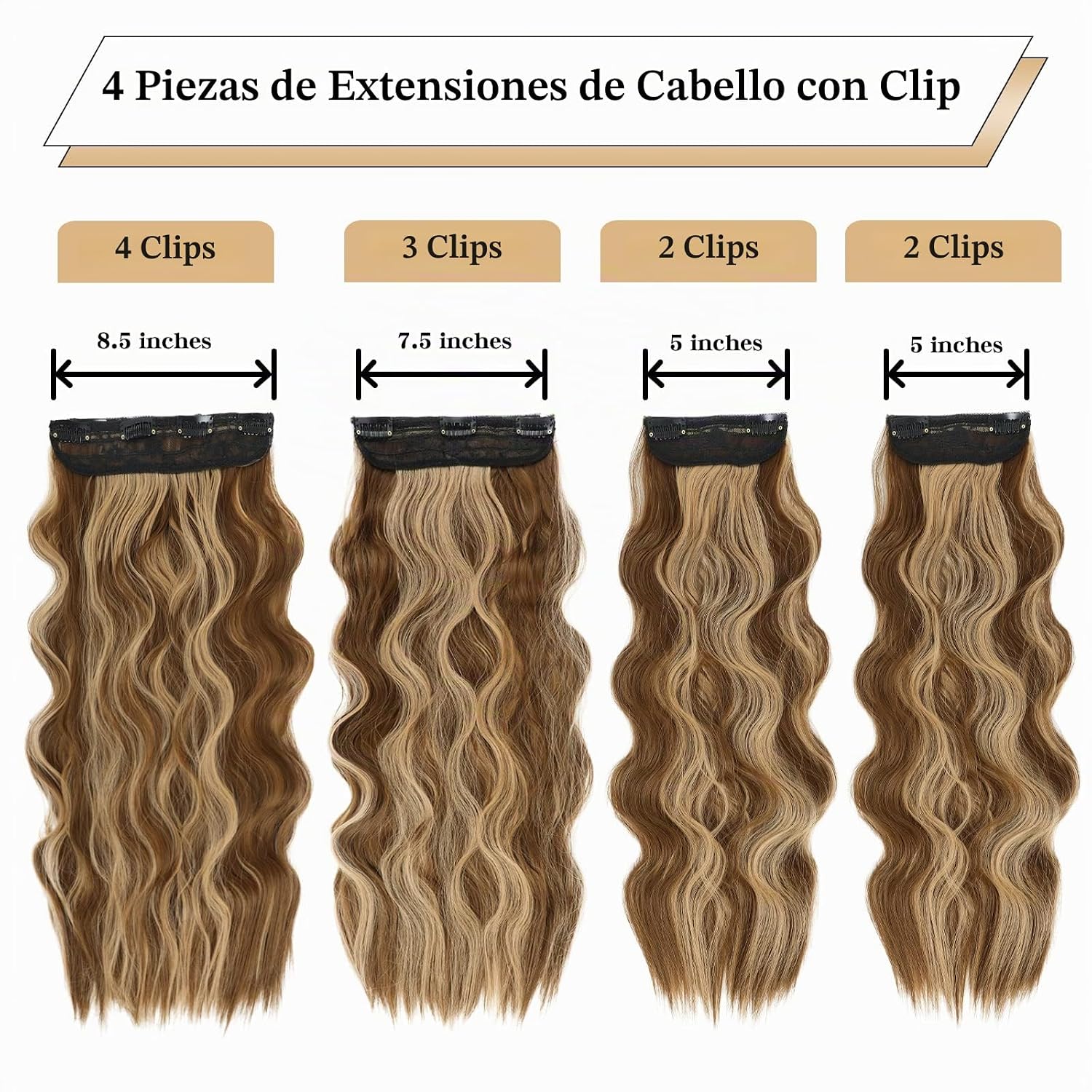 EXTENSIONES DE CABELLO CLIP IN VERNA 20 PULGADAS CARAMELO MARRÓN Y RUBIO DORADO 4 PIEZAS - 2