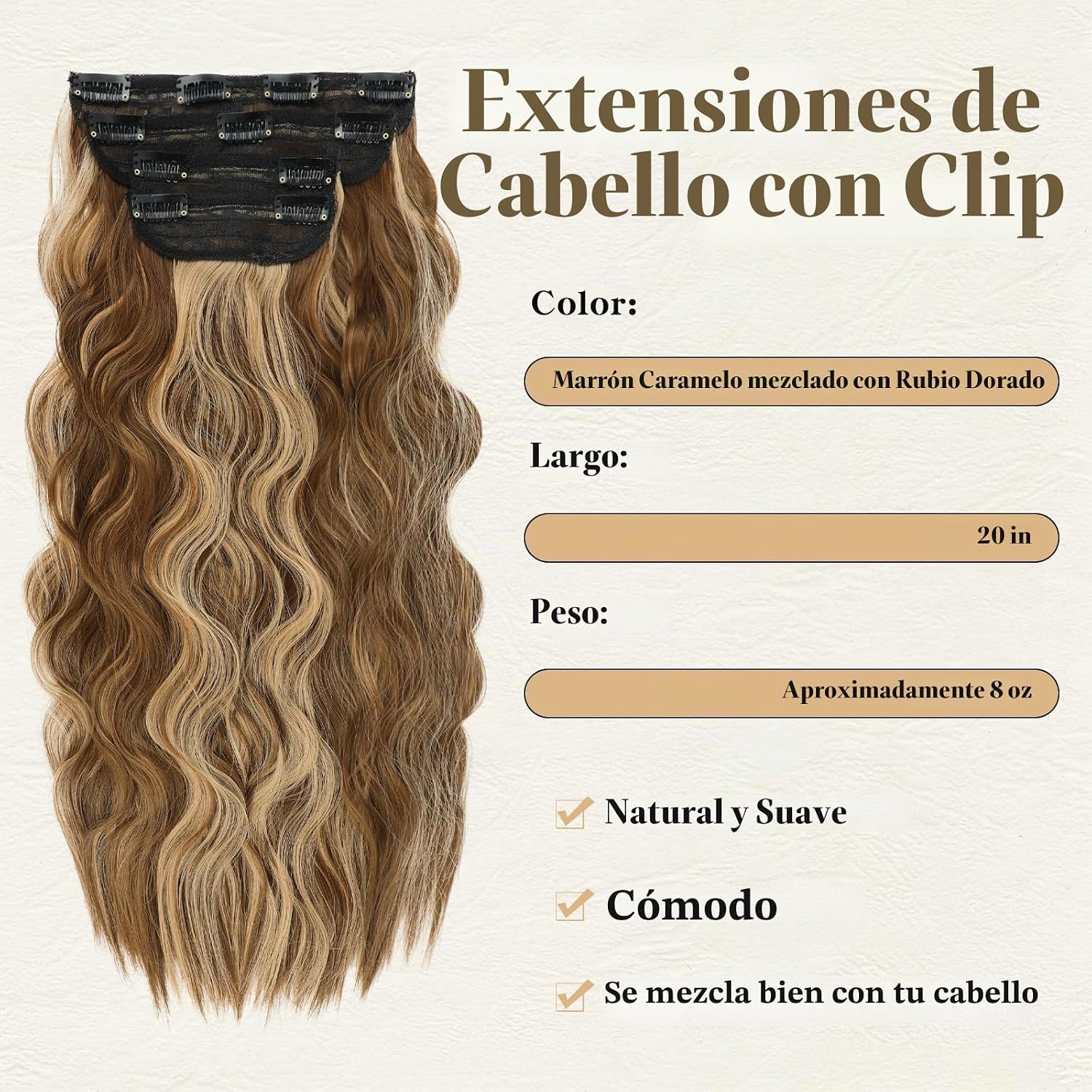 EXTENSIONES DE CABELLO CLIP IN VERNA 20 PULGADAS CARAMELO MARRÓN Y RUBIO DORADO 4 PIEZAS - 3