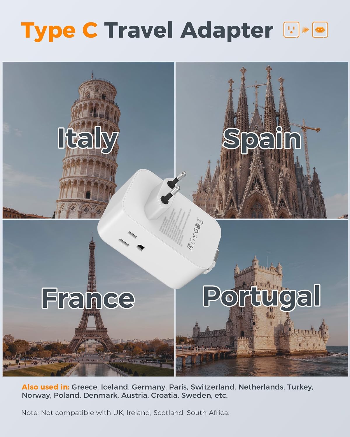 ADAPTADOR DE VIAJE TESSAN TIPO C PARA EUROPA 2 PACK CON PUERTOS USB-C - 2