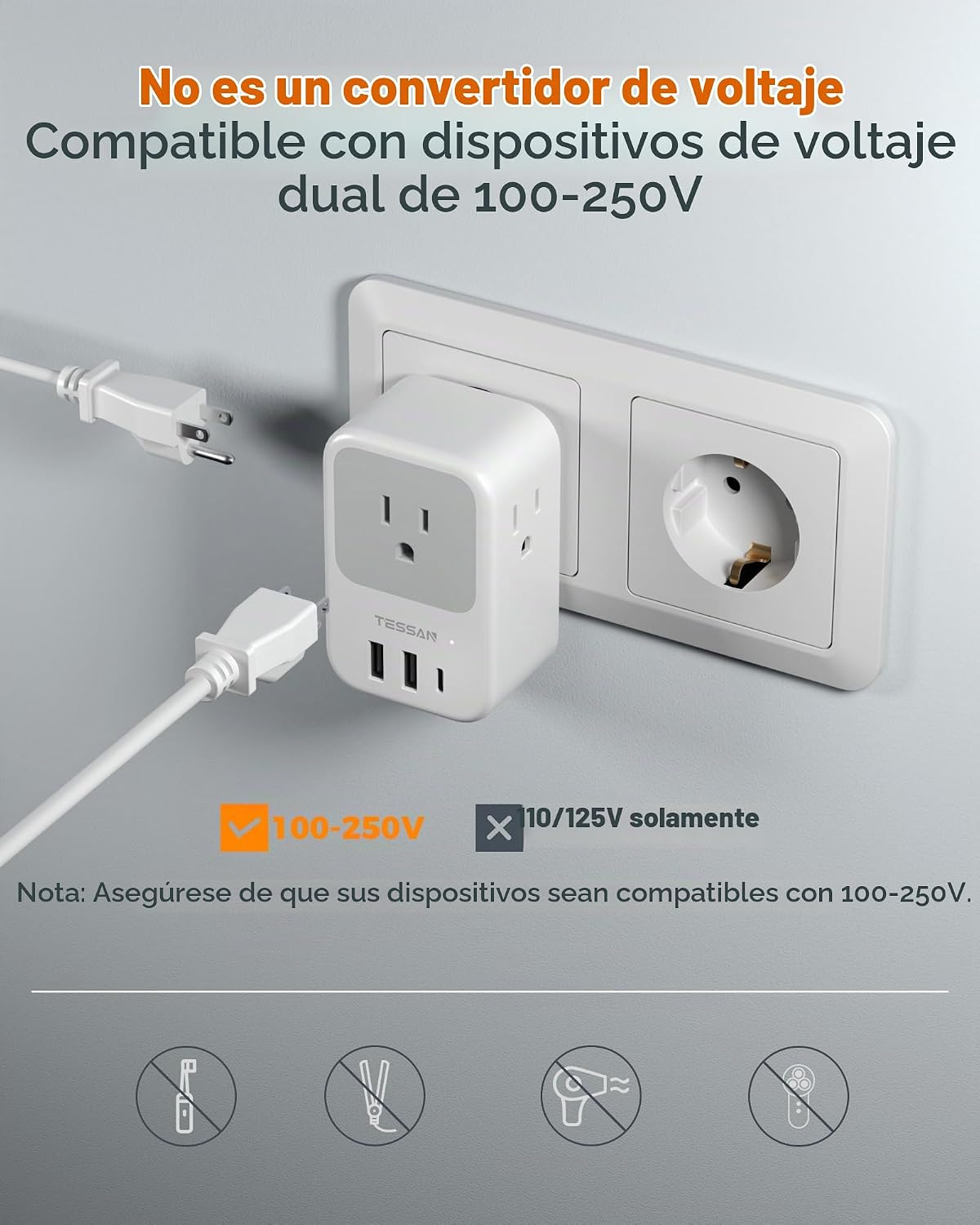 ADAPTADOR DE VIAJE TESSAN TIPO C PARA EUROPA 2 PACK CON PUERTOS USB-C - 5
