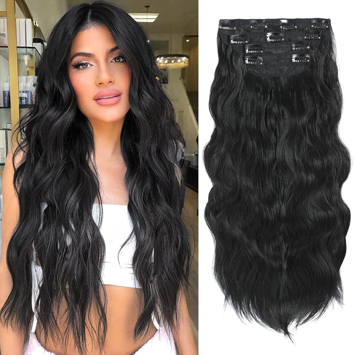 EXTENSIONES DE CABELLO CLIP IN VERNA 20 PULGADAS ONDULADO NEGRO 4 PIEZAS - 1