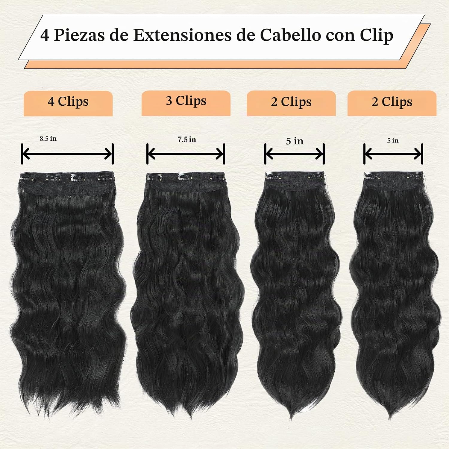 EXTENSIONES DE CABELLO CLIP IN VERNA 20 PULGADAS ONDULADO NEGRO 4 PIEZAS - 2