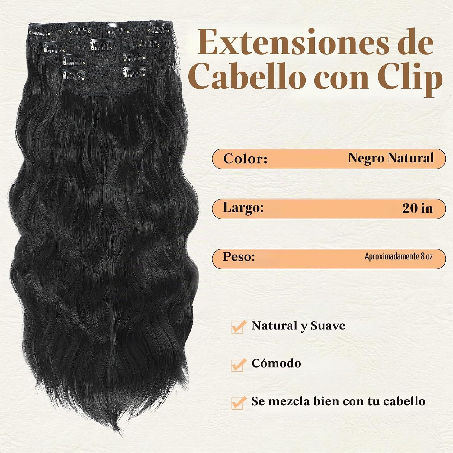 EXTENSIONES DE CABELLO CLIP IN VERNA 20 PULGADAS ONDULADO NEGRO 4 PIEZAS - 3