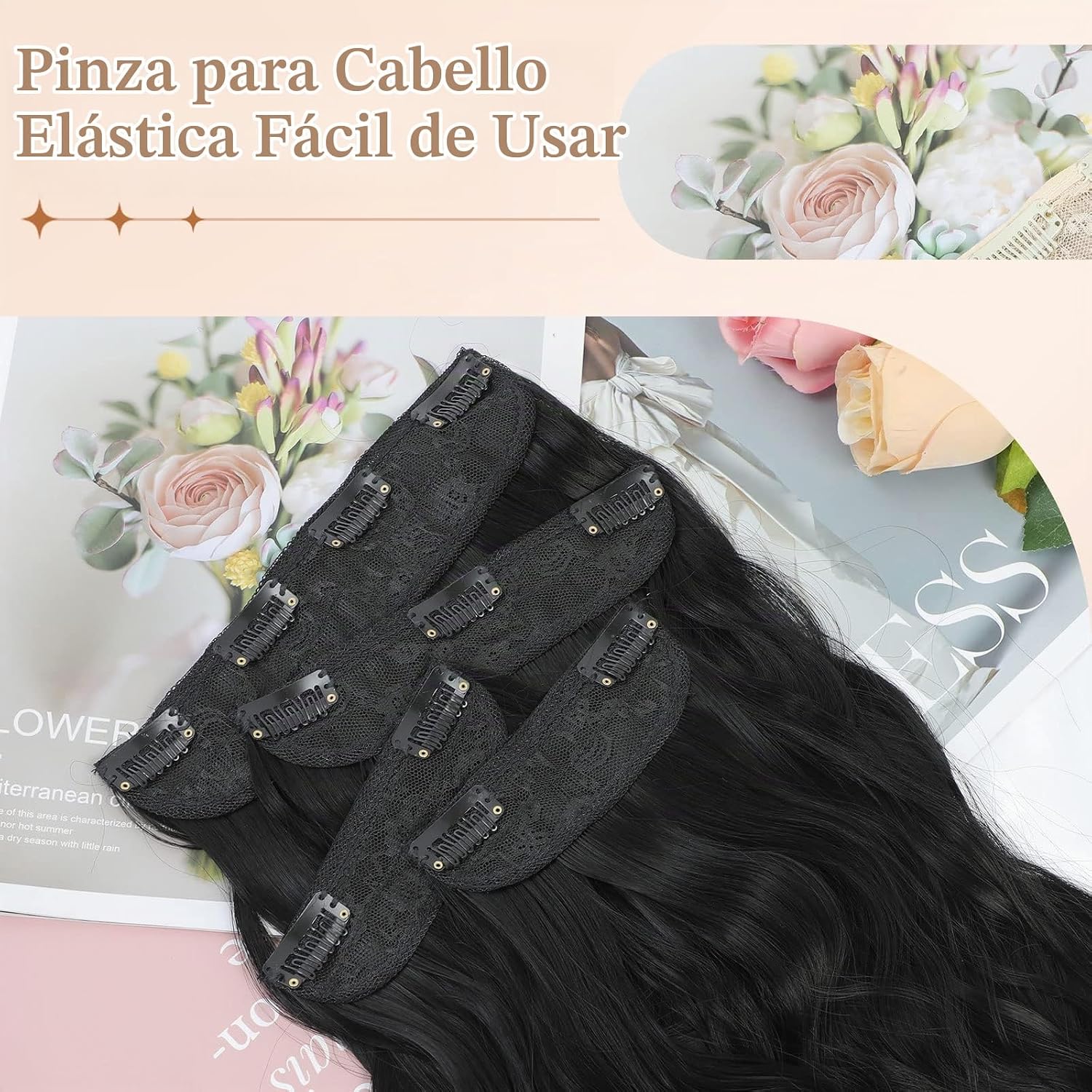 EXTENSIONES DE CABELLO CLIP IN VERNA 20 PULGADAS ONDULADO NEGRO 4 PIEZAS - 4