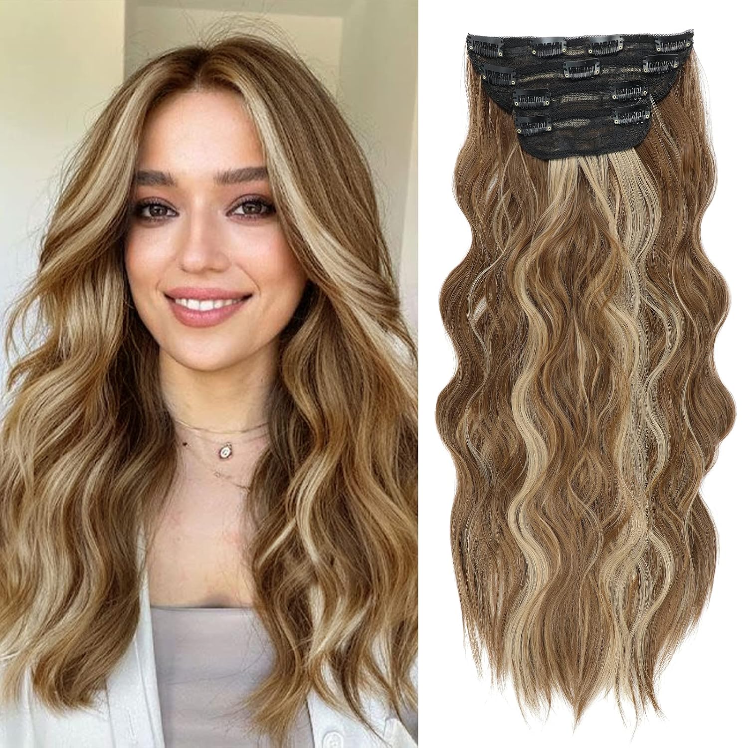 EXTENSIONES DE CABELLO CLIP IN VERNA 20 PULGADAS CARAMELO MARRÓN Y RUBIO MIEL 4 PIEZAS - 1