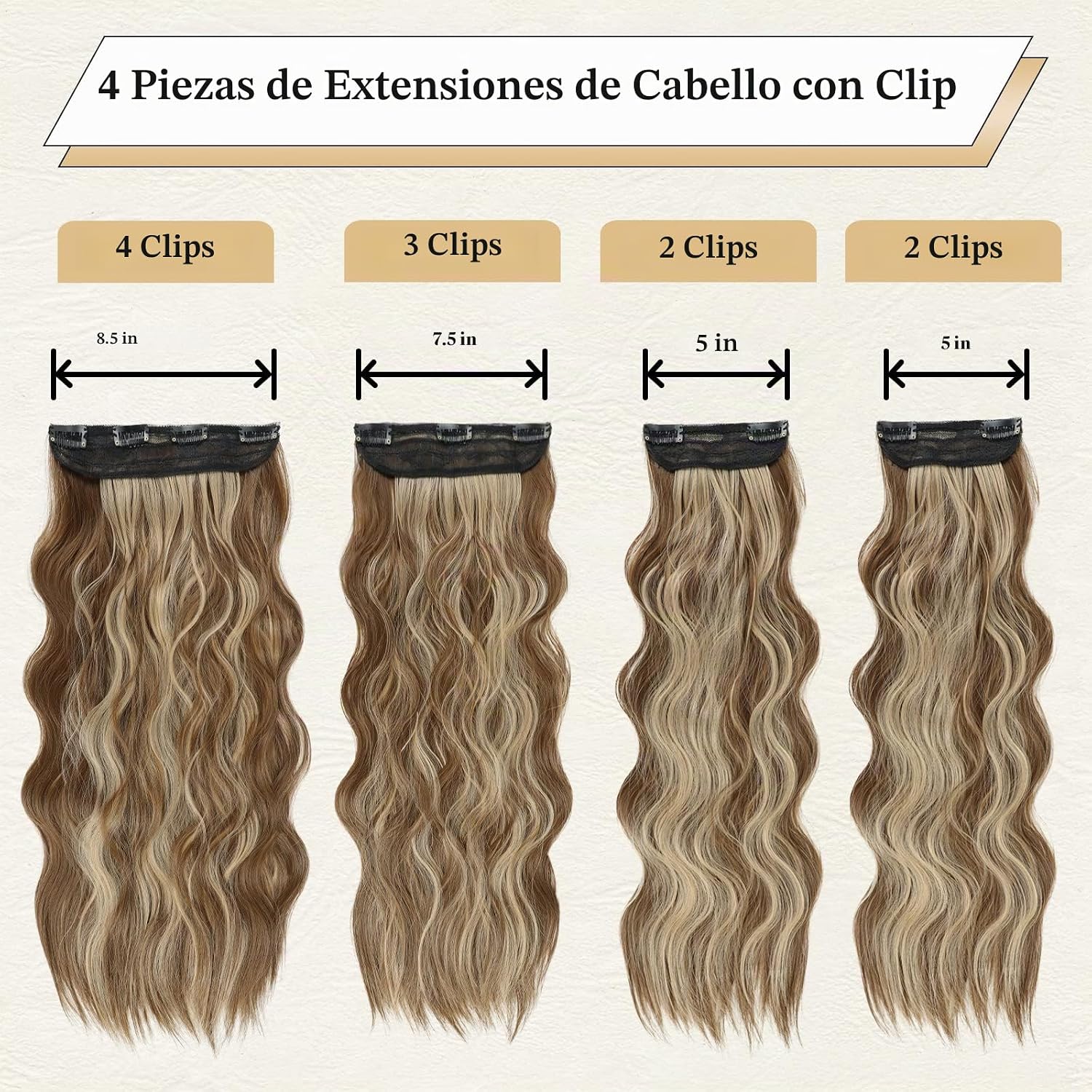 EXTENSIONES DE CABELLO CLIP IN VERNA 20 PULGADAS CARAMELO MARRÓN Y RUBIO MIEL 4 PIEZAS - 2
