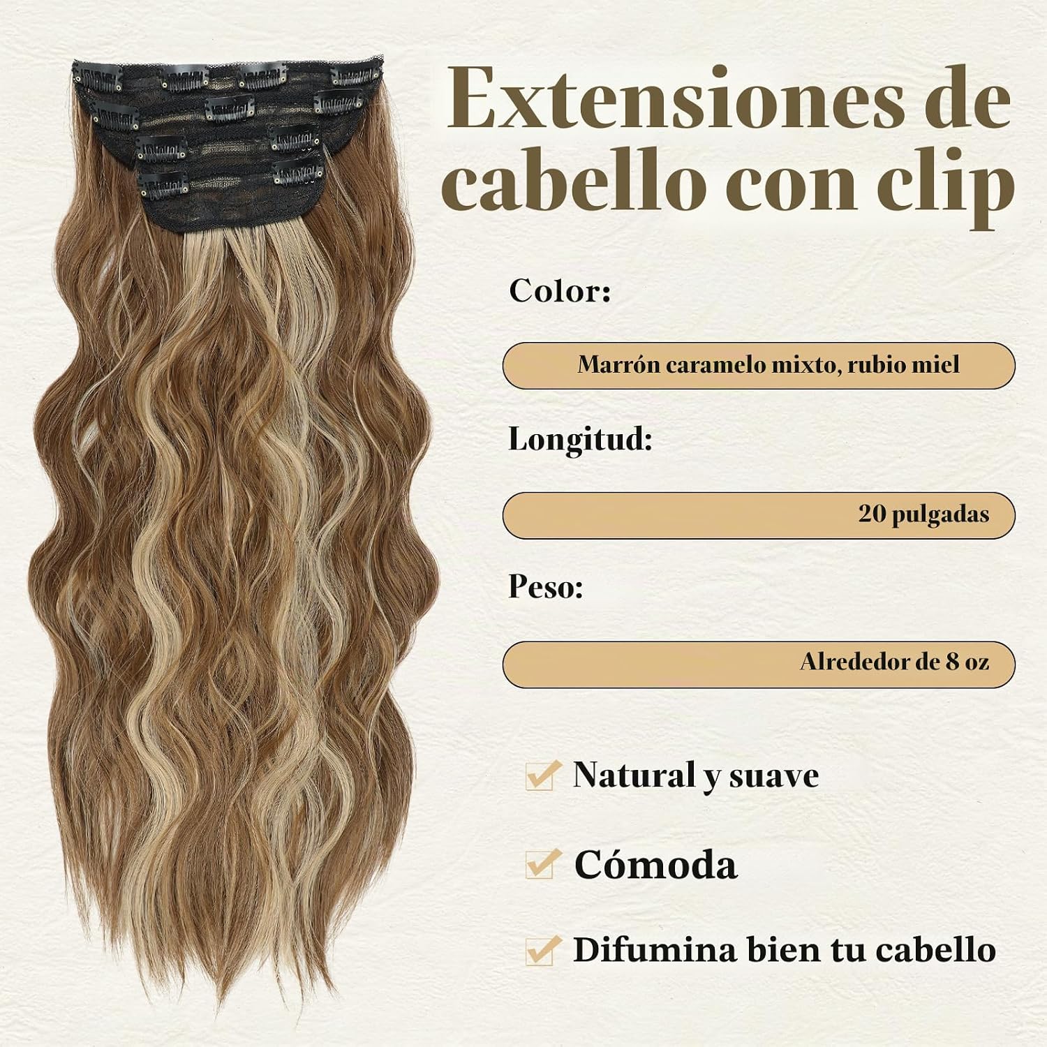 EXTENSIONES DE CABELLO CLIP IN VERNA 20 PULGADAS CARAMELO MARRÓN Y RUBIO MIEL 4 PIEZAS - 3
