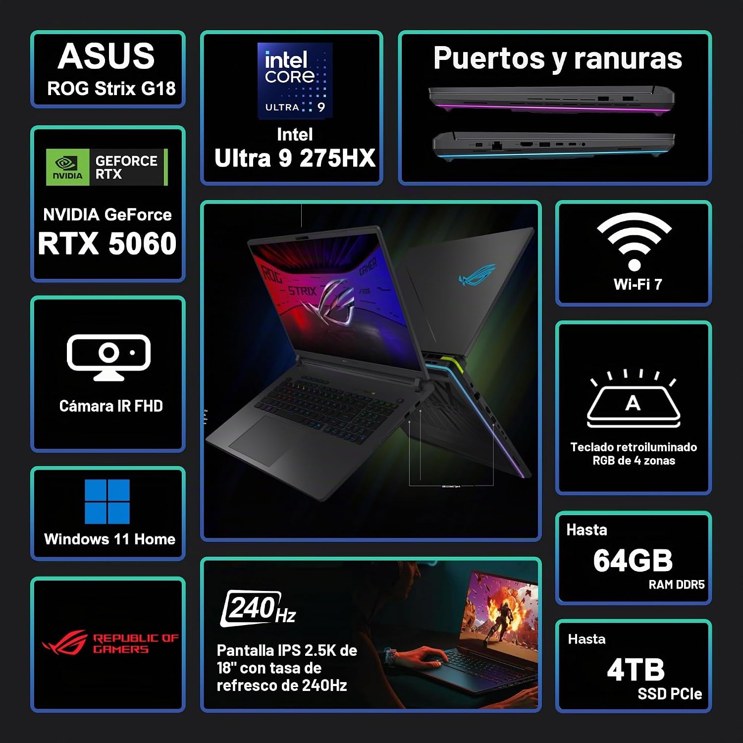 LAPTOP ASUS ROG STRIX G18 G815 18' 2.5K 240HZ INTEL ULTRA 9 275HX 32GB RAM 1TB SSD RTX 5060 - 2