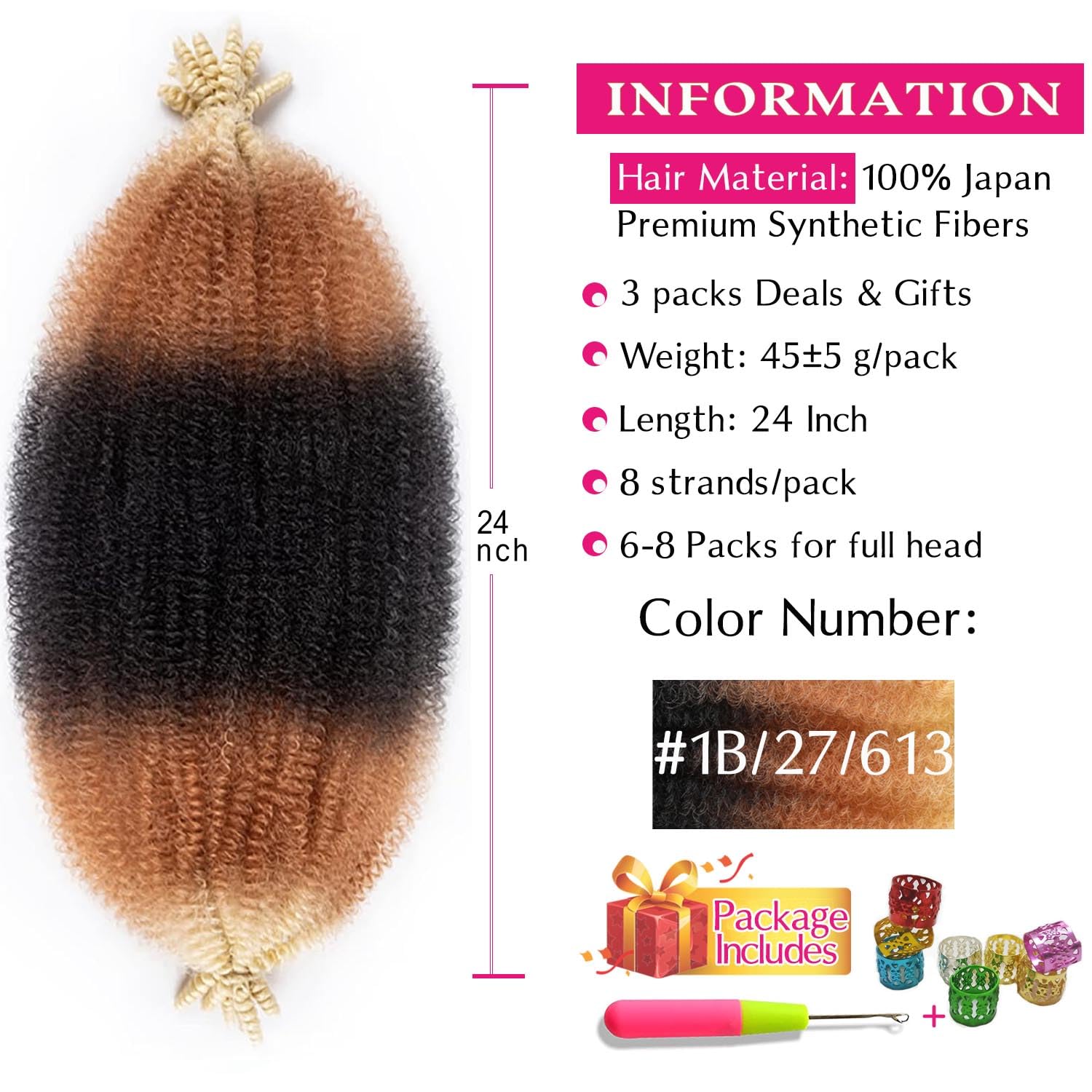 EXTENSIONES DE CABELLO AFRO TWIST HAIR 24 PULGADAS PACK DE 3 COLOR 1B/27/613 - 2