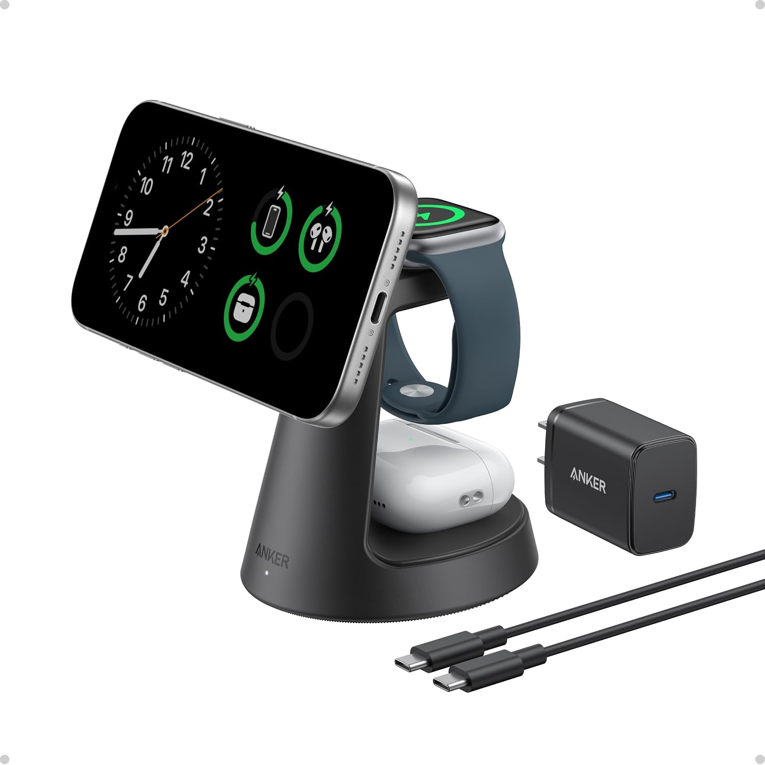ESTACIÓN DE CARGA INALÁMBRICA ANKER MAGGO 3-EN-1 QI2 15W COMPATIBLE CON MAGSAFE - 1