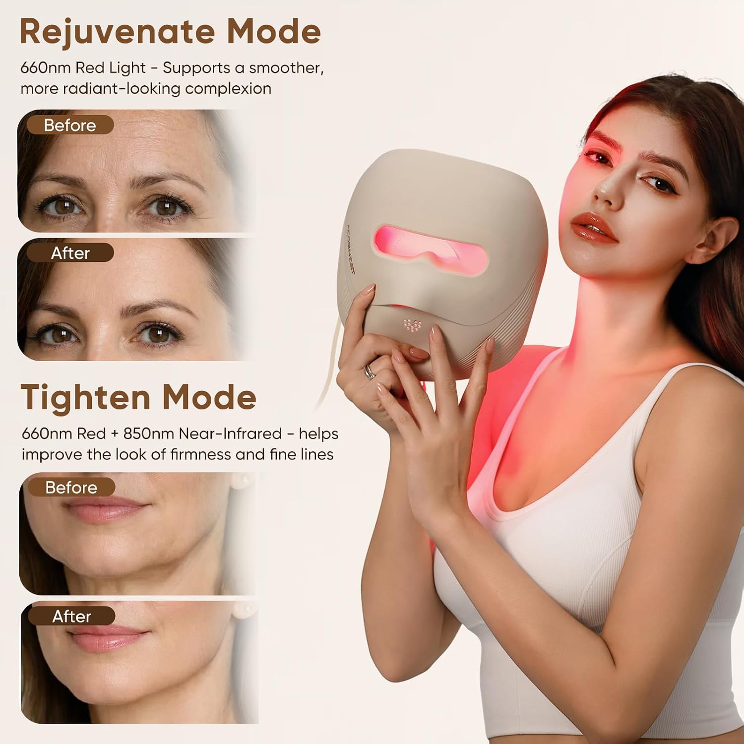 MÁSCARA DE TERAPIA DE LUZ ROJA ACORNEST PARA ROSTRO, 4 MODOS, 328 LEDS - 3