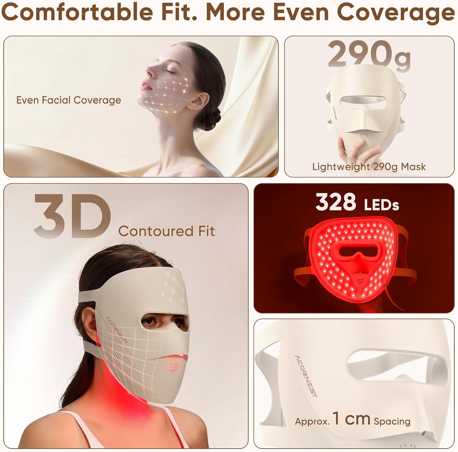 MÁSCARA DE TERAPIA DE LUZ ROJA ACORNEST PARA ROSTRO, 4 MODOS, 328 LEDS - 5