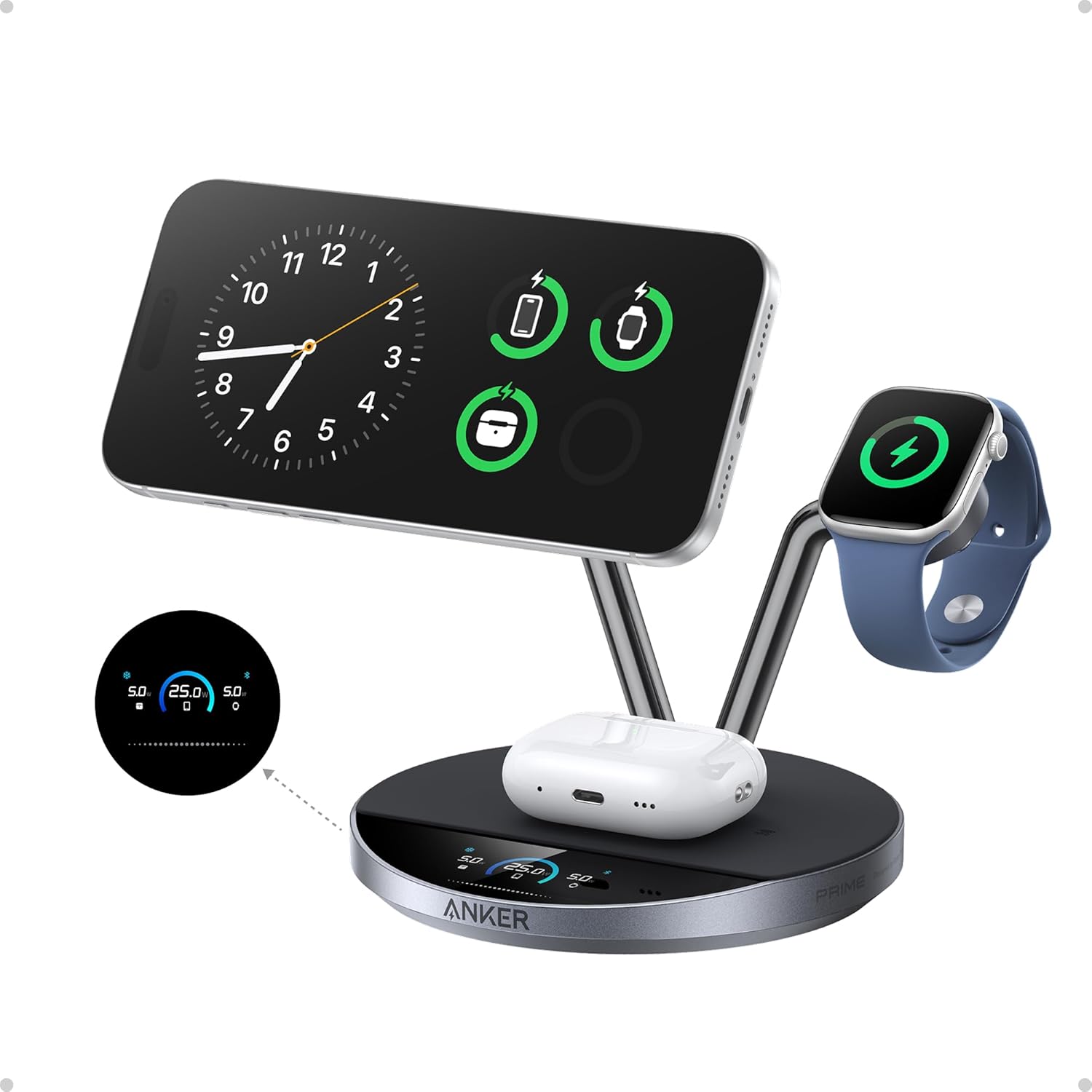 ESTACIÓN DE CARGA INALÁMBRICA ANKER PRIME 3 EN 1 QI2.2 MAGSAFE 25W CON PANTALLA INTELIGENTE - 1
