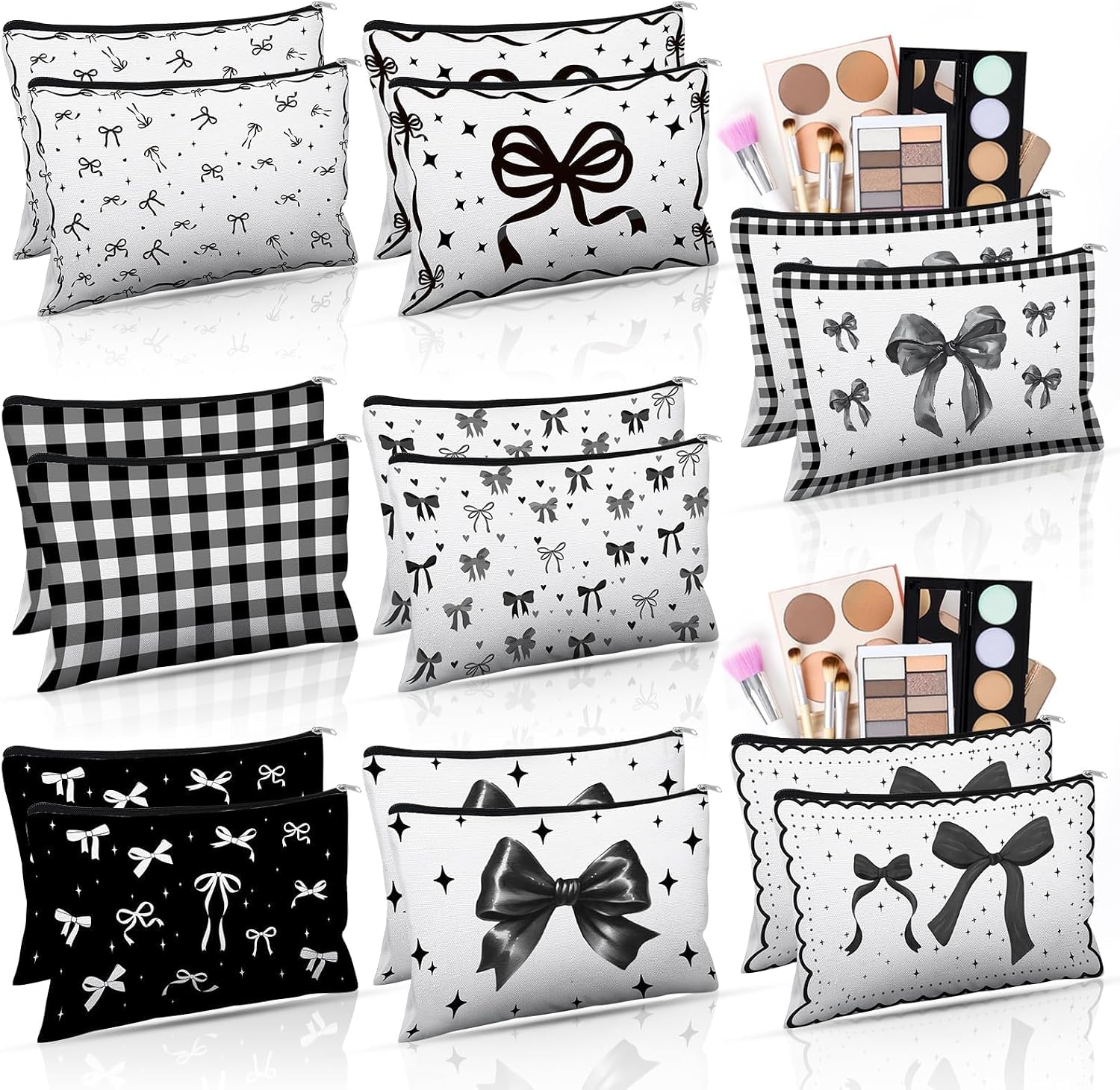 SET DE 16 BOLSAS DE MAQUILLAJE CON DISEÑO DE MOÑOS Y FLORES NEGRO - 1