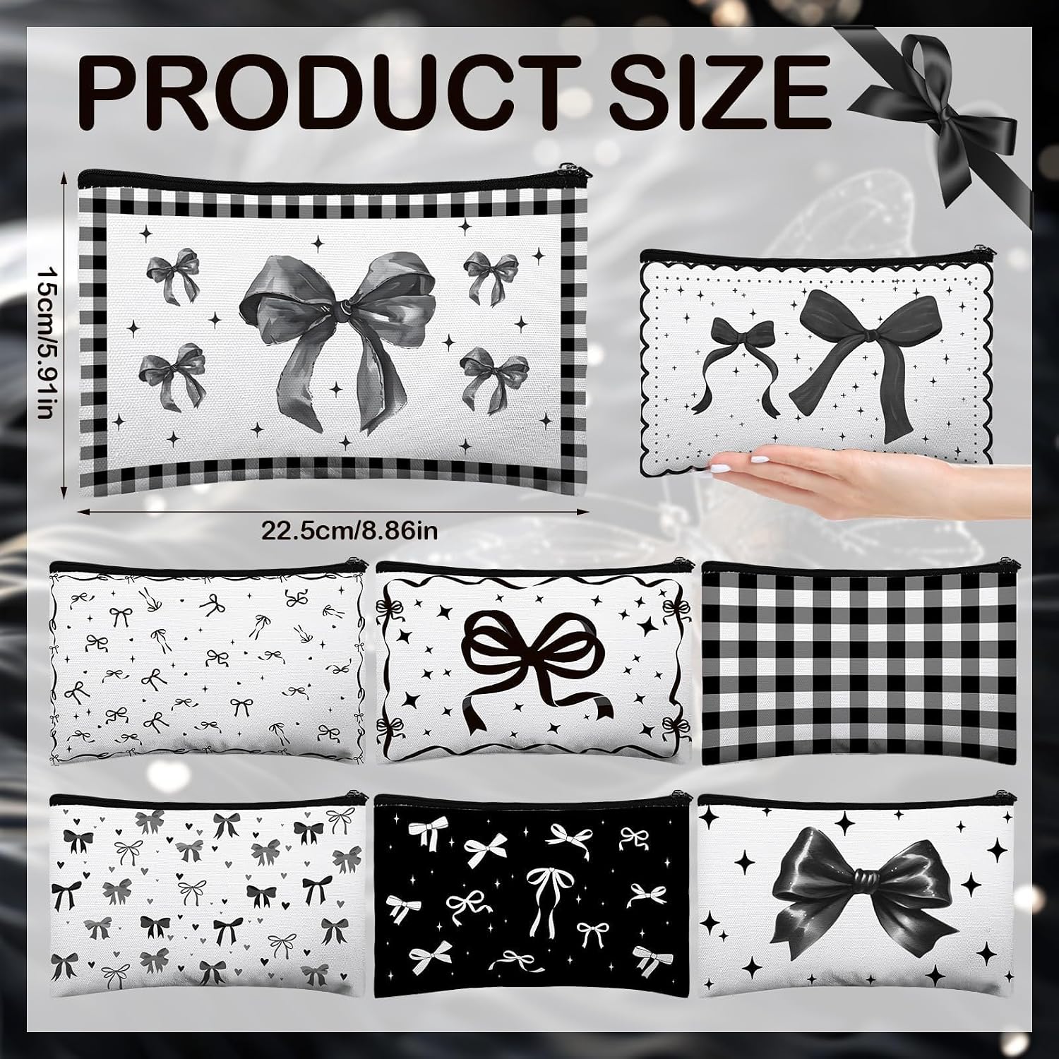 SET DE 16 BOLSAS DE MAQUILLAJE CON DISEÑO DE MOÑOS Y FLORES NEGRO - 2