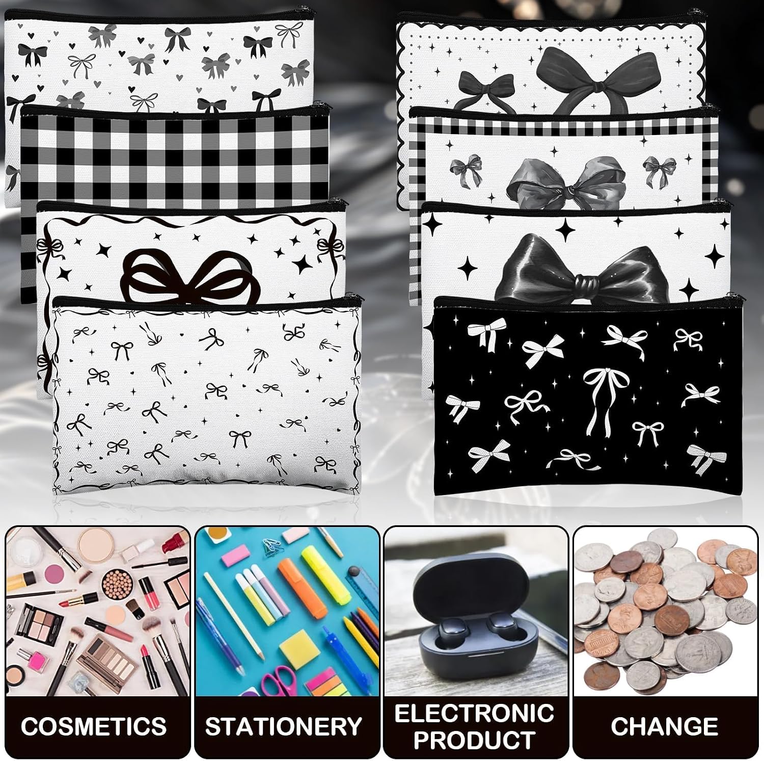 SET DE 16 BOLSAS DE MAQUILLAJE CON DISEÑO DE MOÑOS Y FLORES NEGRO - 5