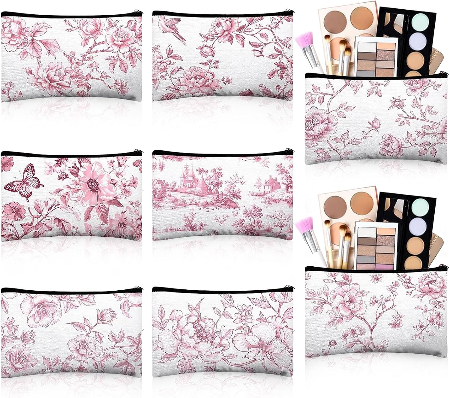 SET DE 8 BOLSAS DE MAQUILLAJE FLORAL ROSA Y BLANCO ESTILO CHINO 22.5 X 15 CM - 1