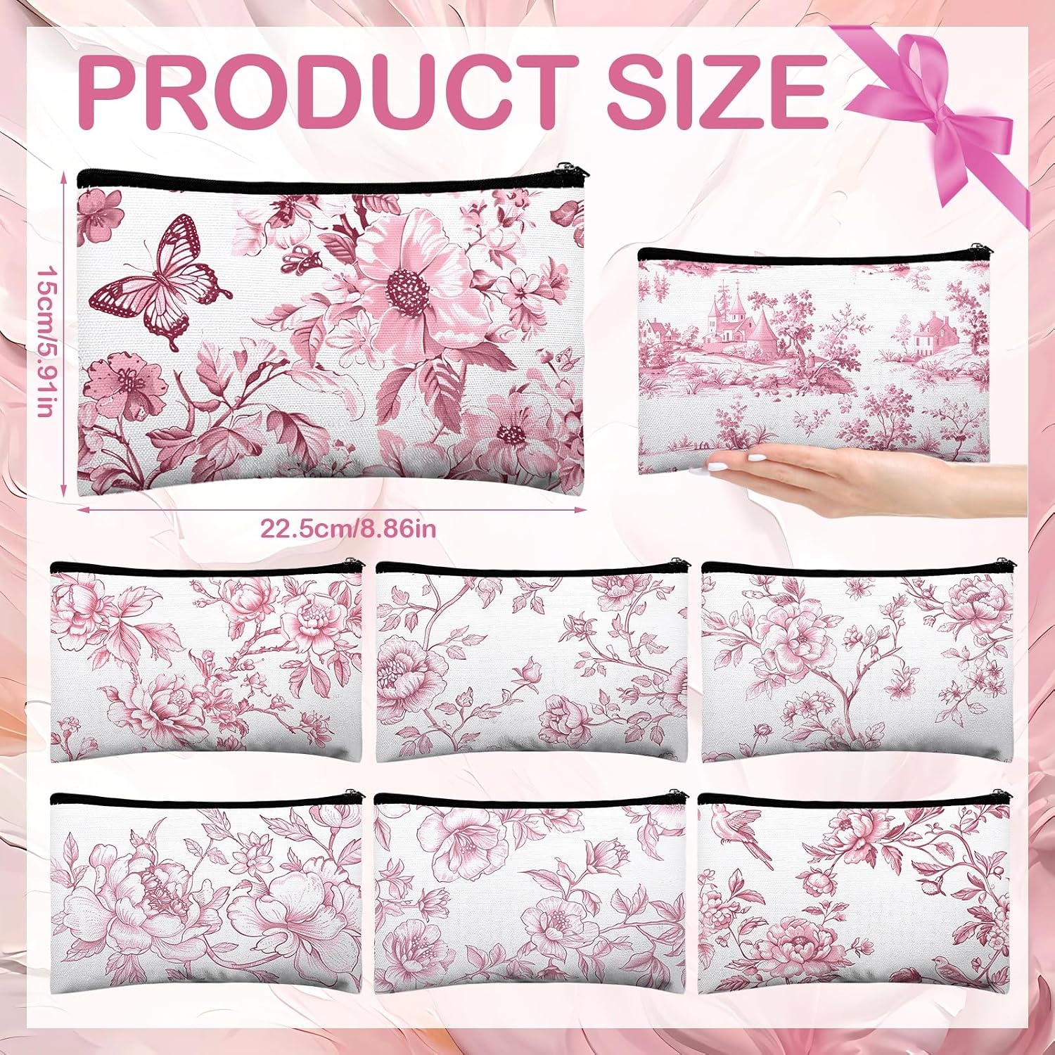 SET DE 8 BOLSAS DE MAQUILLAJE FLORAL ROSA Y BLANCO ESTILO CHINO 22.5 X 15 CM - 2