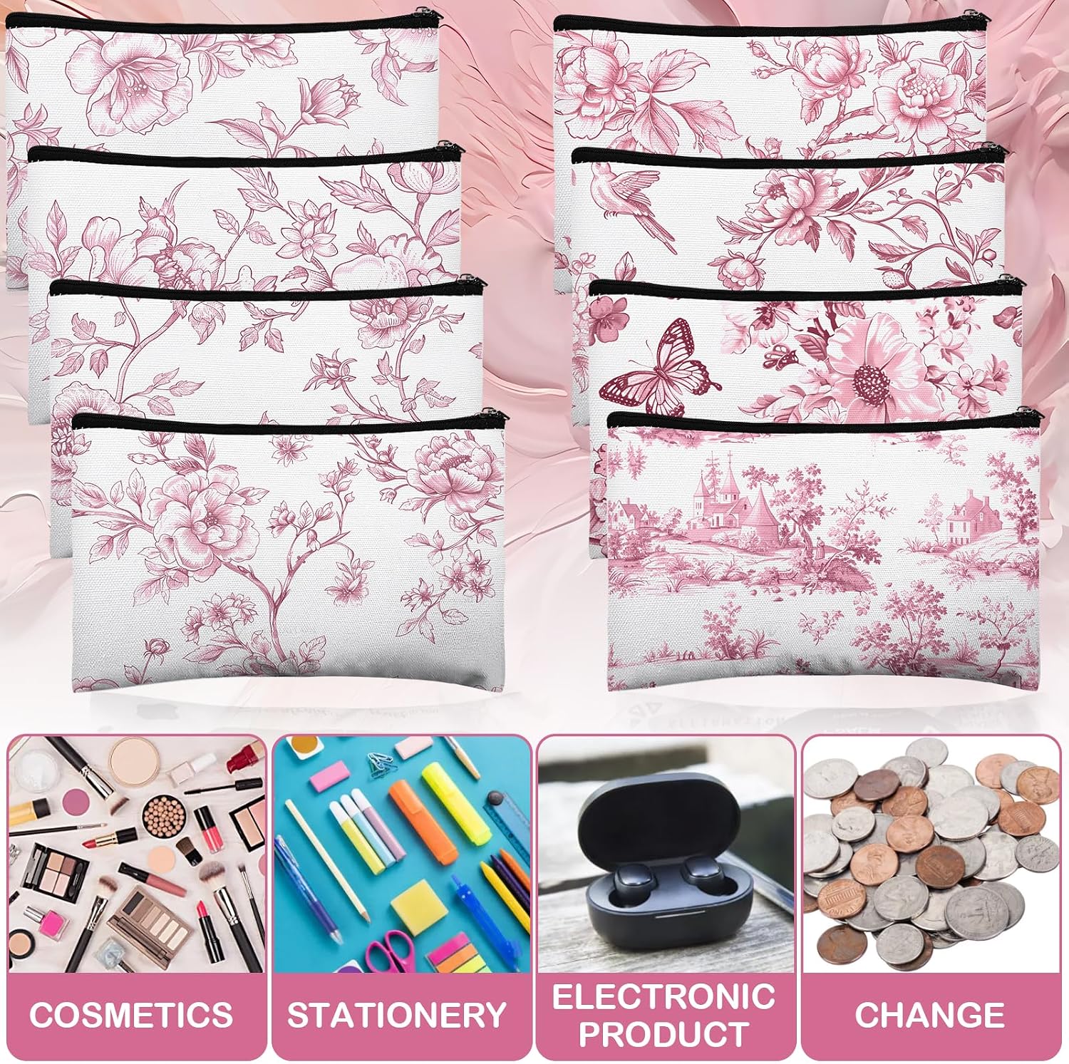 SET DE 8 BOLSAS DE MAQUILLAJE FLORAL ROSA Y BLANCO ESTILO CHINO 22.5 X 15 CM - 5