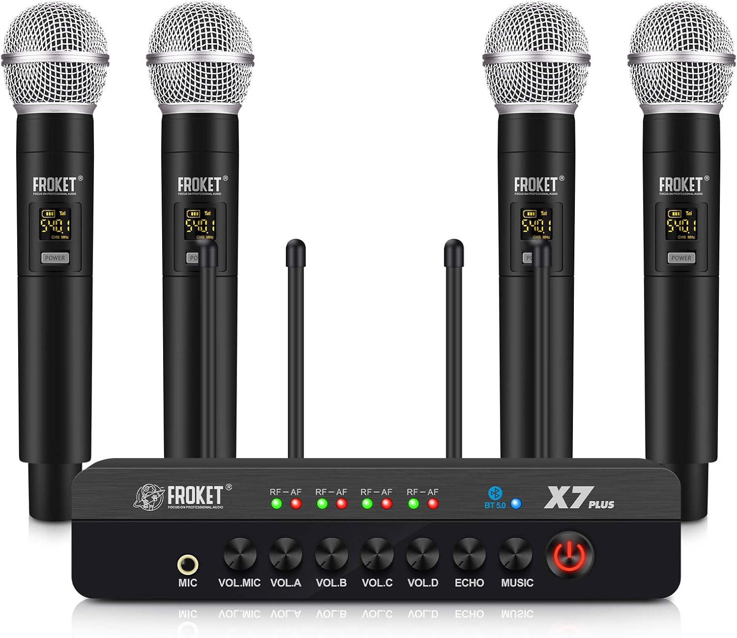MICRÓFONO INALÁMBRICO UHF FROKET SISTEMA 4 CANALES CON BLUETOOTH Y DSP - 1