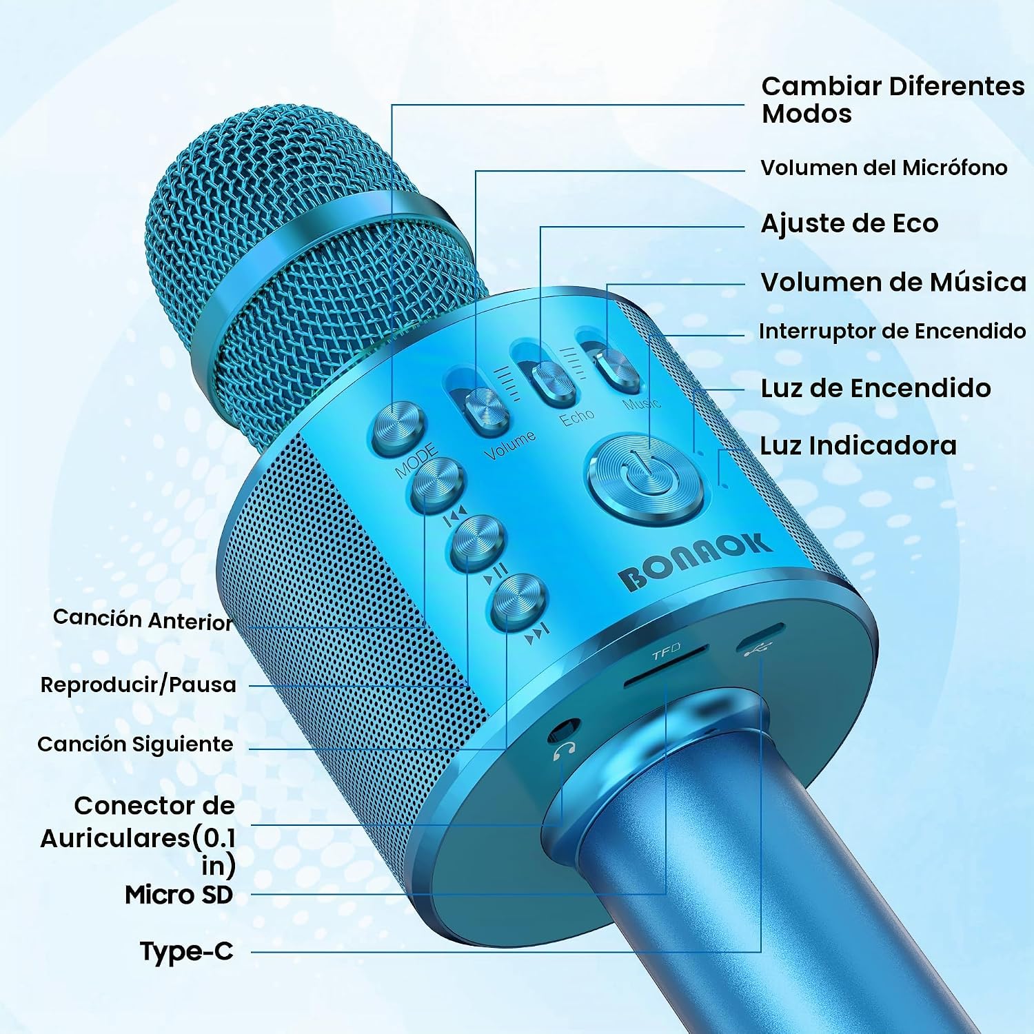 MICRÓFONO BONAOK WIRELESS BLUETOOTH KARAOKE 3 EN 1 AZUL Q37 - 5