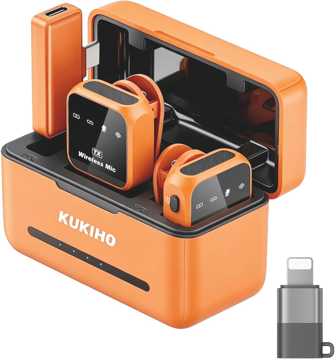 MICRÓFONO INALÁMBRICO KUKIHO TIPO LAVALIER PARA IPHONE IPAD ANDROID CON ESTUCHE DE CARGA Y BATERÍA DE 80 HORAS NARANJA - 1