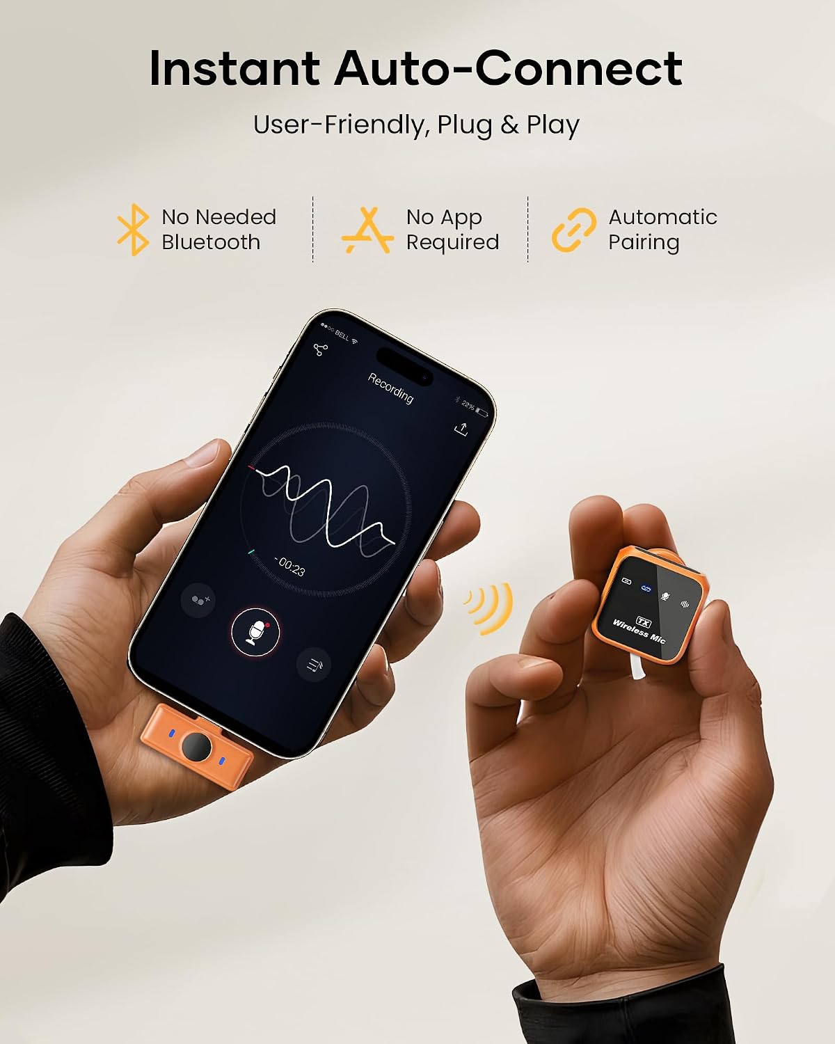 MICRÓFONO INALÁMBRICO KUKIHO TIPO LAVALIER PARA IPHONE IPAD ANDROID CON ESTUCHE DE CARGA Y BATERÍA DE 80 HORAS NARANJA - 2