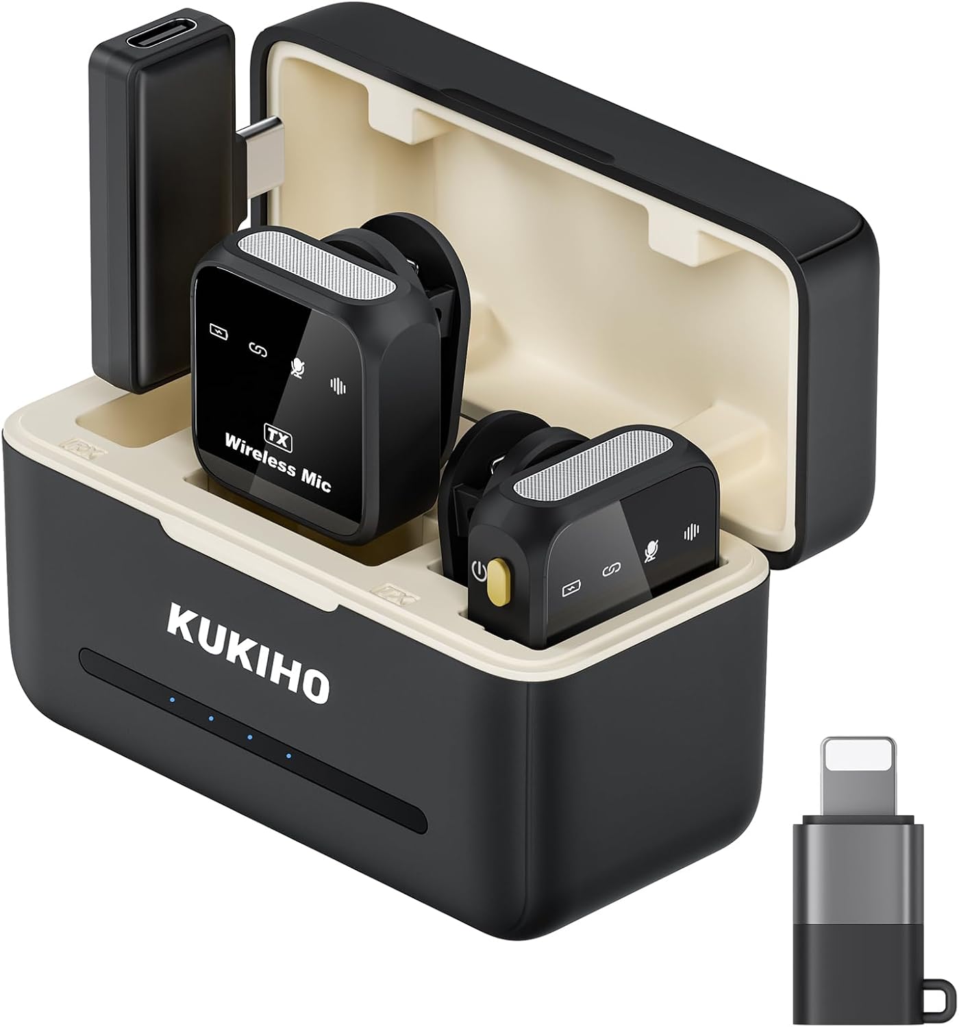 MICRÓFONO INALÁMBRICO KUKIHO TIPO LAVALIER PARA IPHONE IPAD ANDROID CON ESTUCHE DE CARGA Y 80 HORAS DE BATERÍA - 1