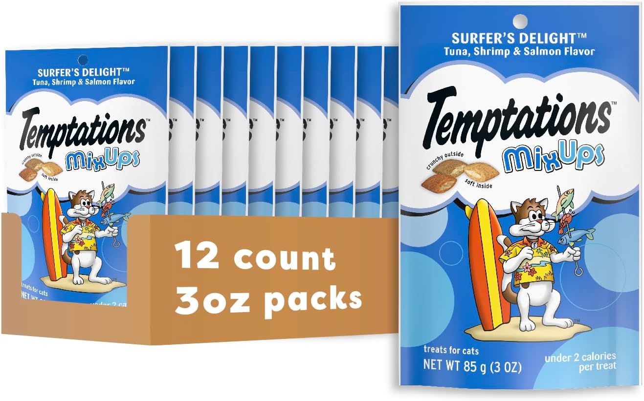 TEMPTATIONS MIXUPS CRUNCHY CAT TREATS SURFER'S DELIGHT 3 OZ PACK 12 UNIDADES - 1