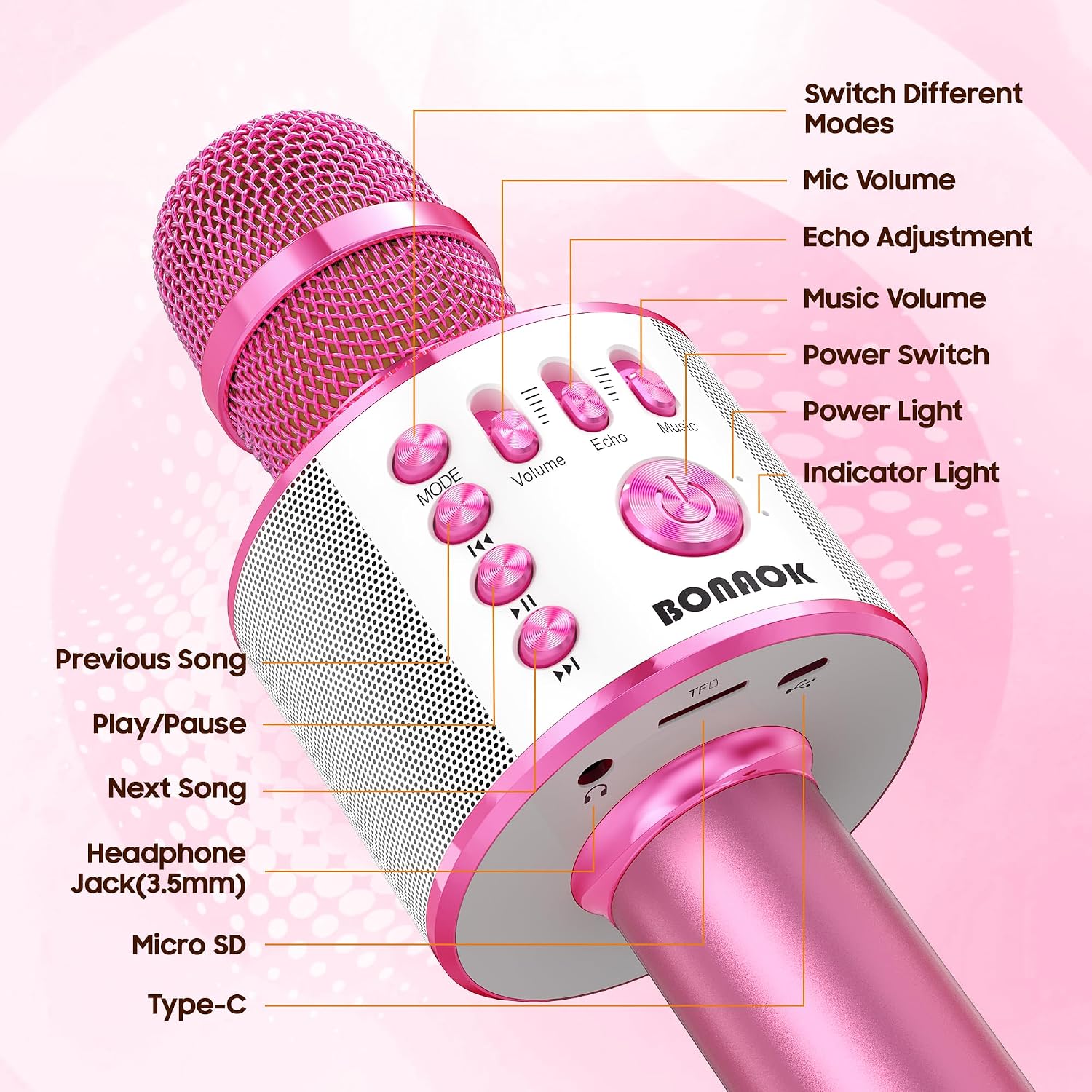 MICRÓFONO KARAOKE BLUETOOTH BONAOK PORTÁTIL PARA ADULTOS Y NIÑOS - 5