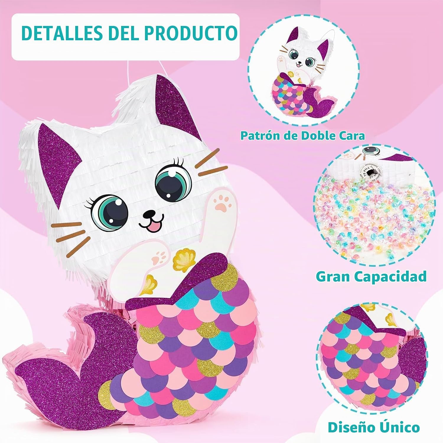 PIÑATA GATO SIRENA WERNNSAI PARA FIESTA DE CUMPLEAÑOS NIÑAS - 4