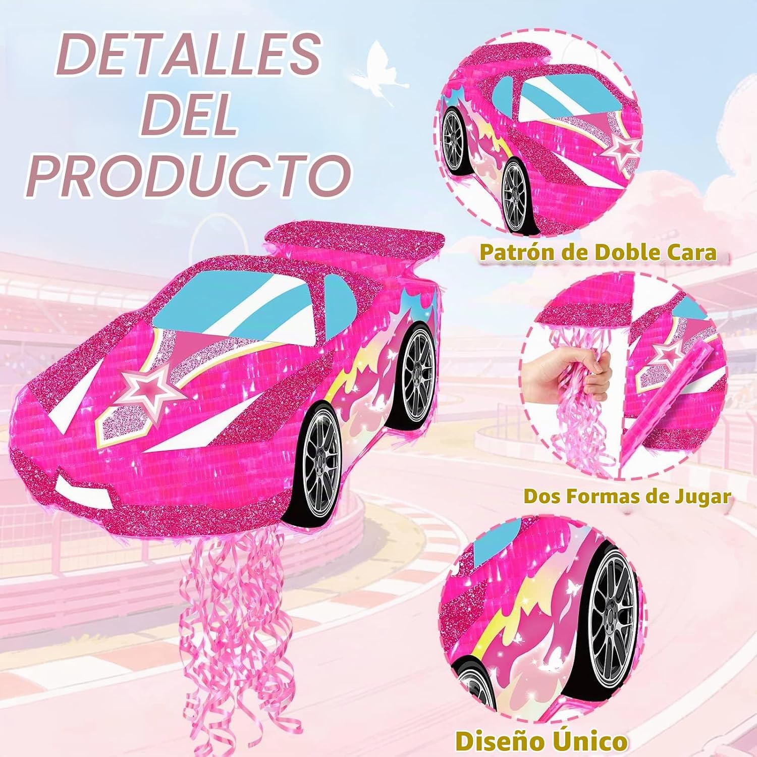 PIÑATA AUTO DE CARRERAS ROSA WERNNSAI PARA NIÑAS CON ACCESORIOS - 2