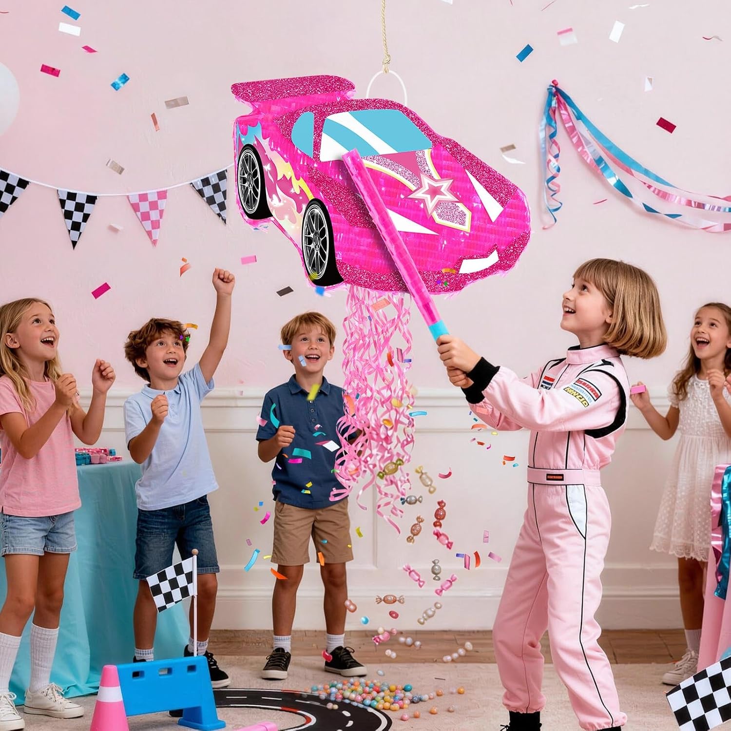 PIÑATA AUTO DE CARRERAS ROSA WERNNSAI PARA NIÑAS CON ACCESORIOS - 4