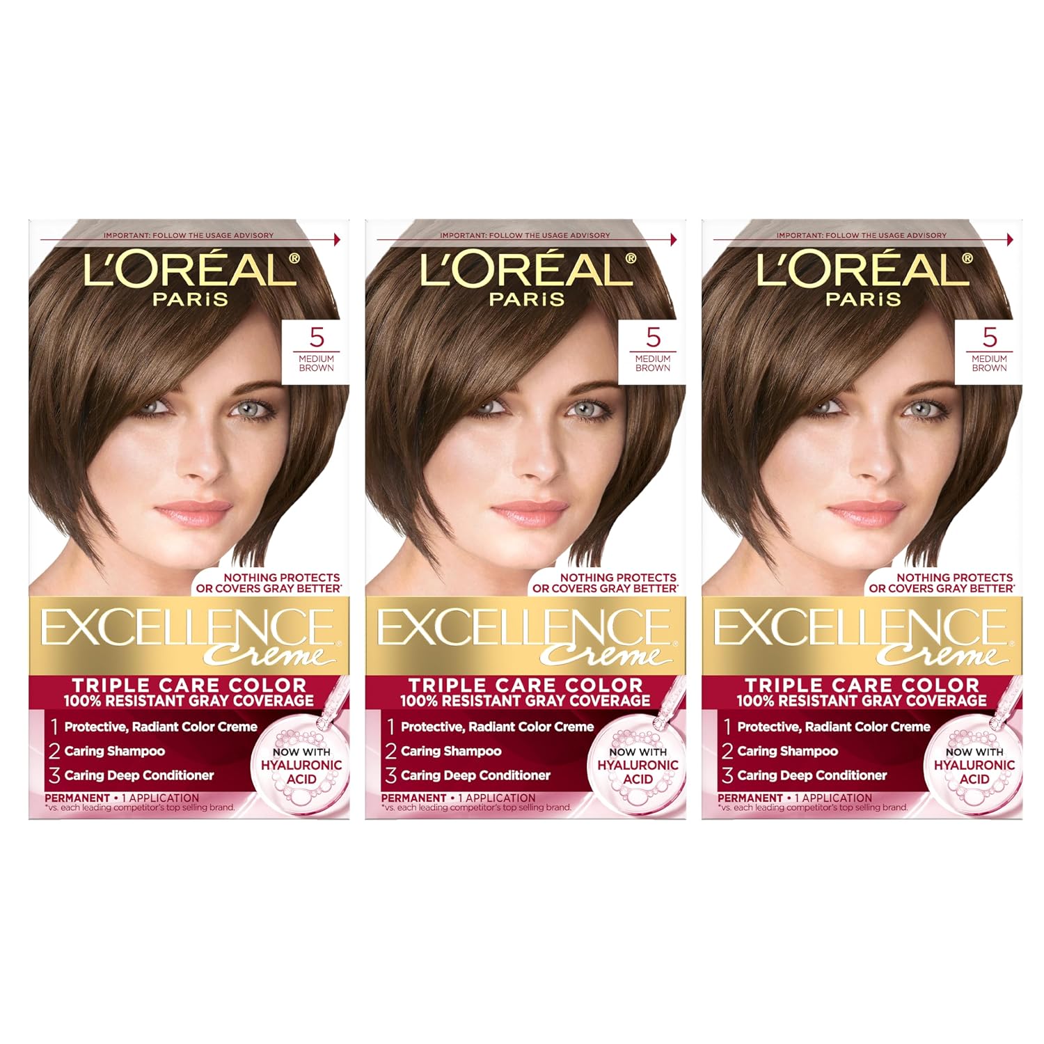 TINTURA L'ORÉAL PARIS EXCELLENCE CRÈME CASTAÑO MEDIO 5, PACK 3 UNIDADES - 1