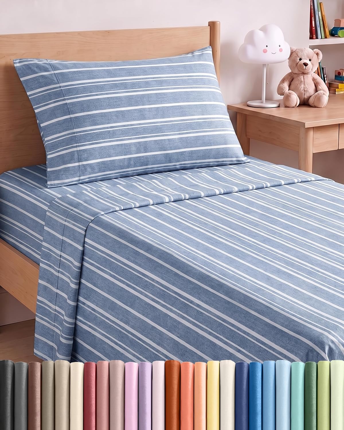 JUEGO DE SÁBANAS TWIN SIZE 3 PIEZAS MICROFIBRA AZUL RAYAS - 1