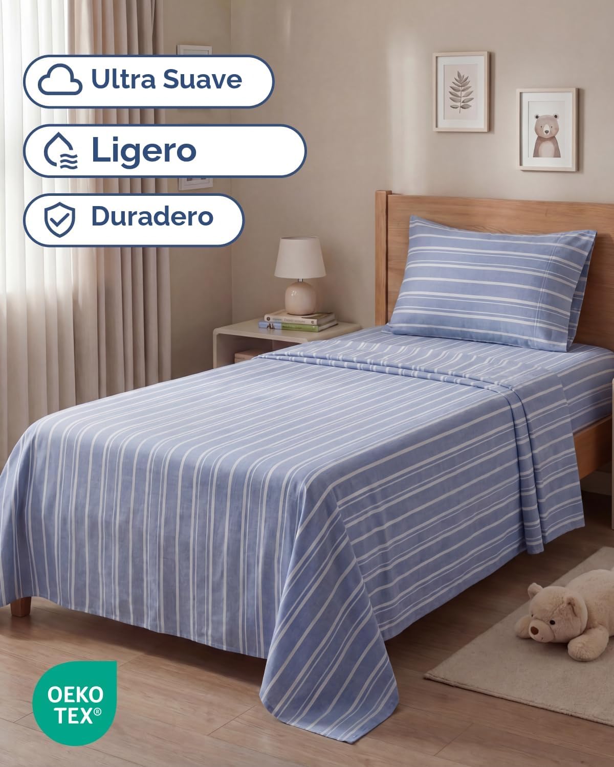 JUEGO DE SÁBANAS TWIN SIZE 3 PIEZAS MICROFIBRA AZUL RAYAS - 2