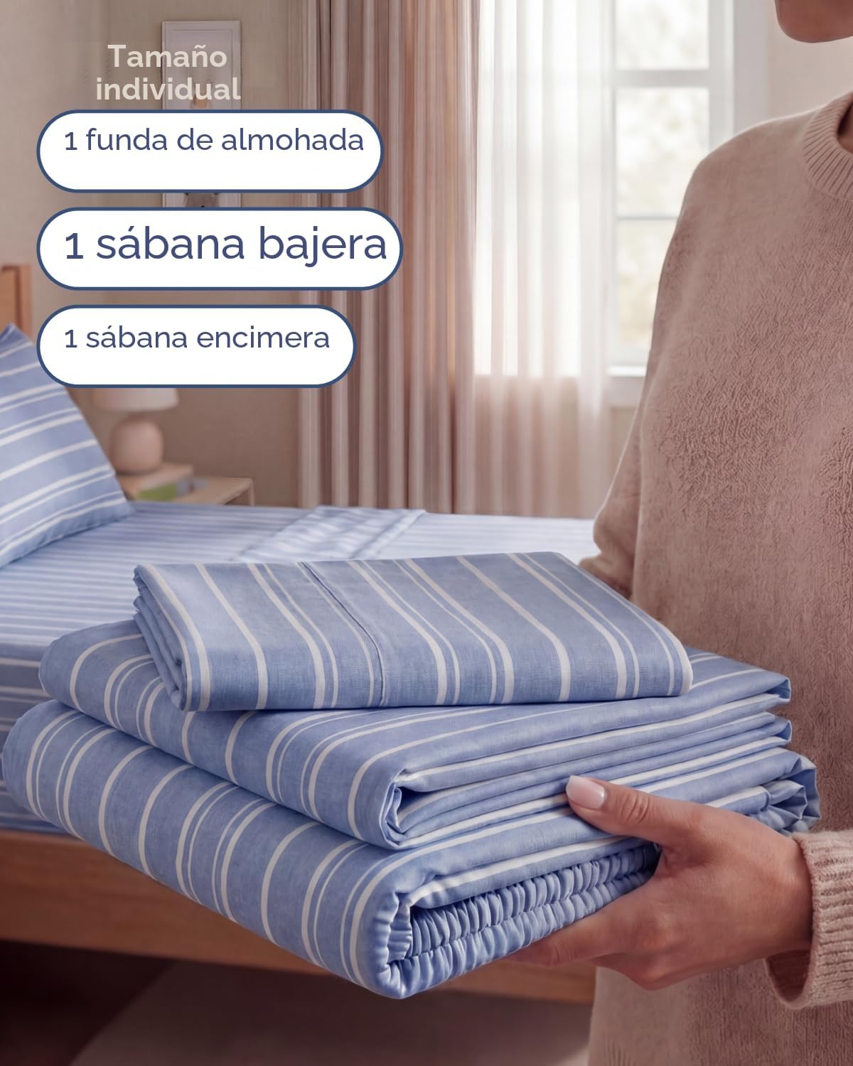 JUEGO DE SÁBANAS TWIN SIZE 3 PIEZAS MICROFIBRA AZUL RAYAS - 3