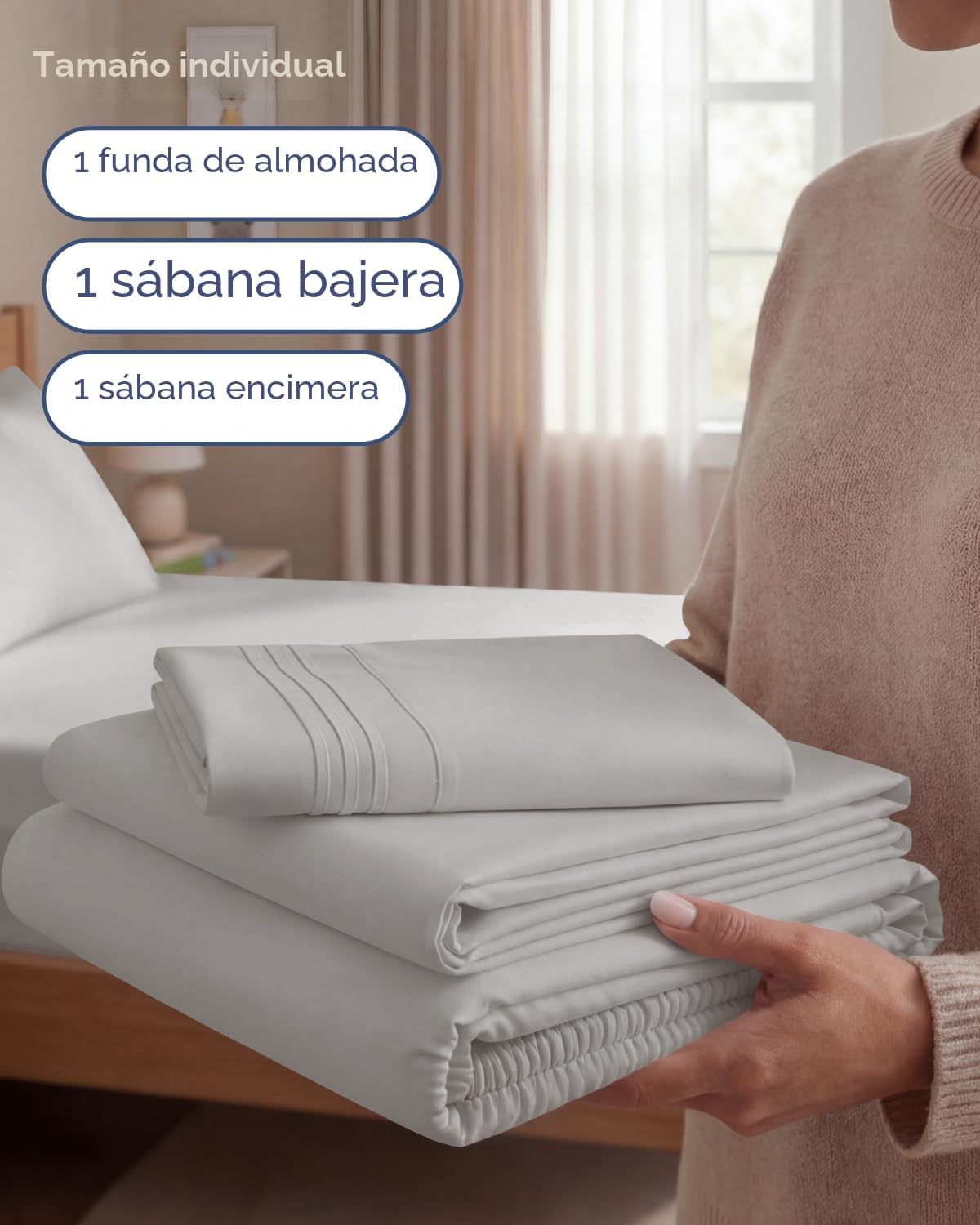 JUEGO DE SÁBANAS TWIN SIZE 3 PIEZAS MICROFIBRA GRIS CLARO - 3