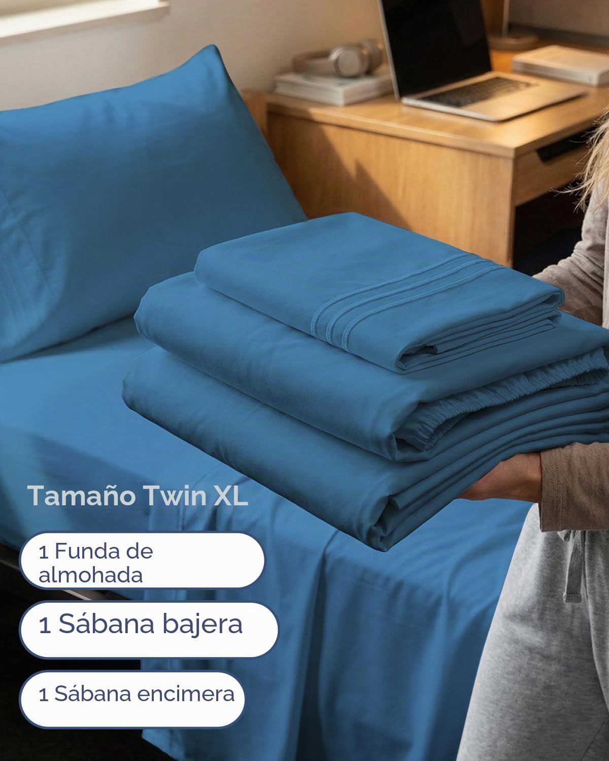 JUEGO DE SÁBANAS TWIN XL 3 PIEZAS MICROFIBRA DENIM BLUE - 3