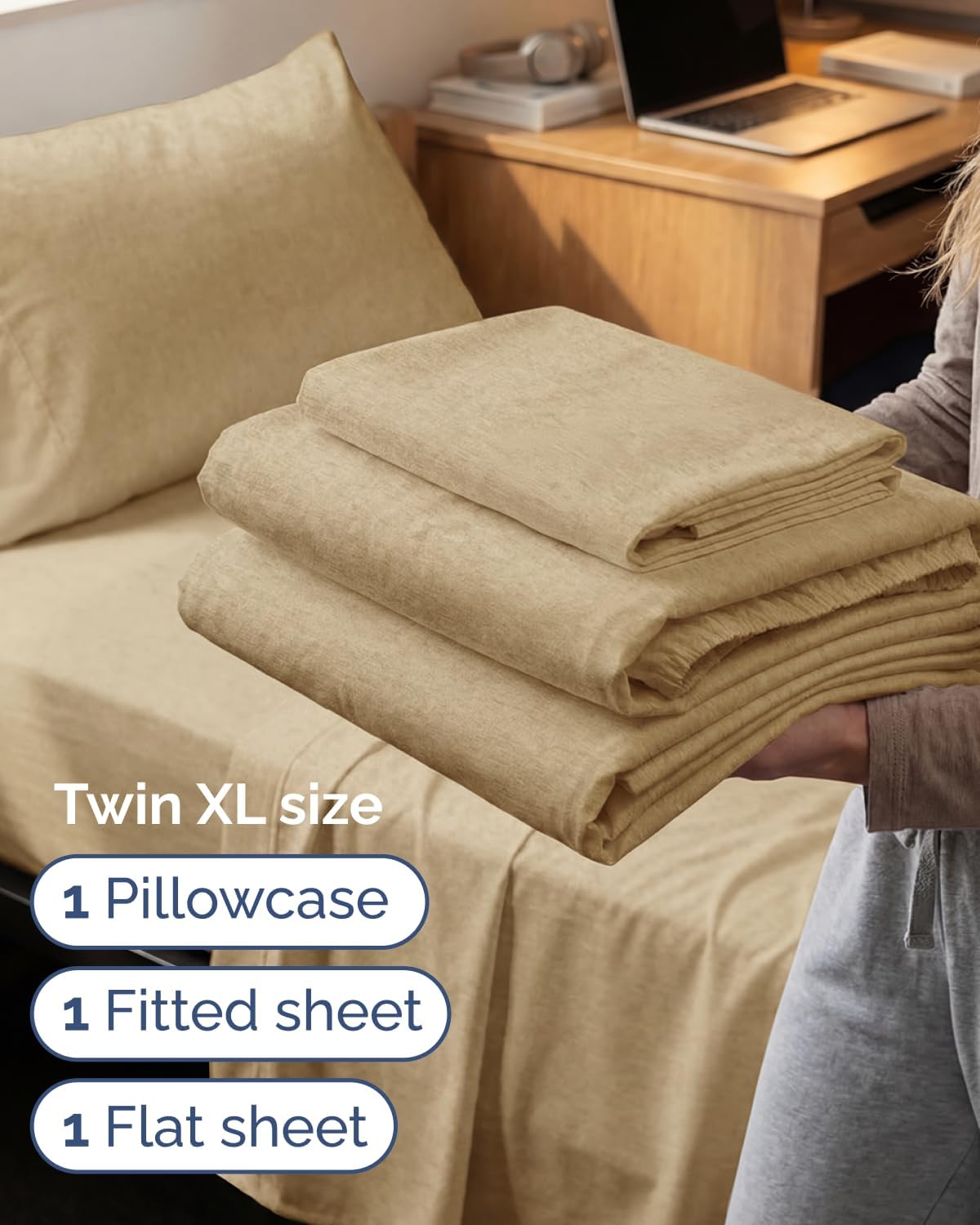 JUEGO DE SÁBANAS TWIN XL 3 PIEZAS CGK UNLIMITED MICROFIBRA BEIGE - 3