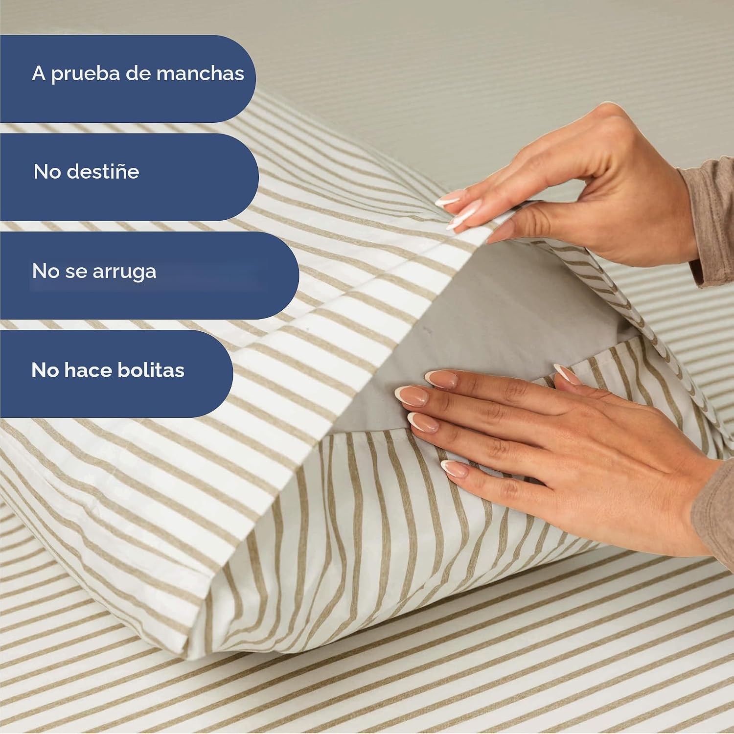 JUEGO DE SÁBANAS QUEEN SIZE 4 PIEZAS CGK UNLIMITED MICROFIBRA BEIGE RAYAS - 5