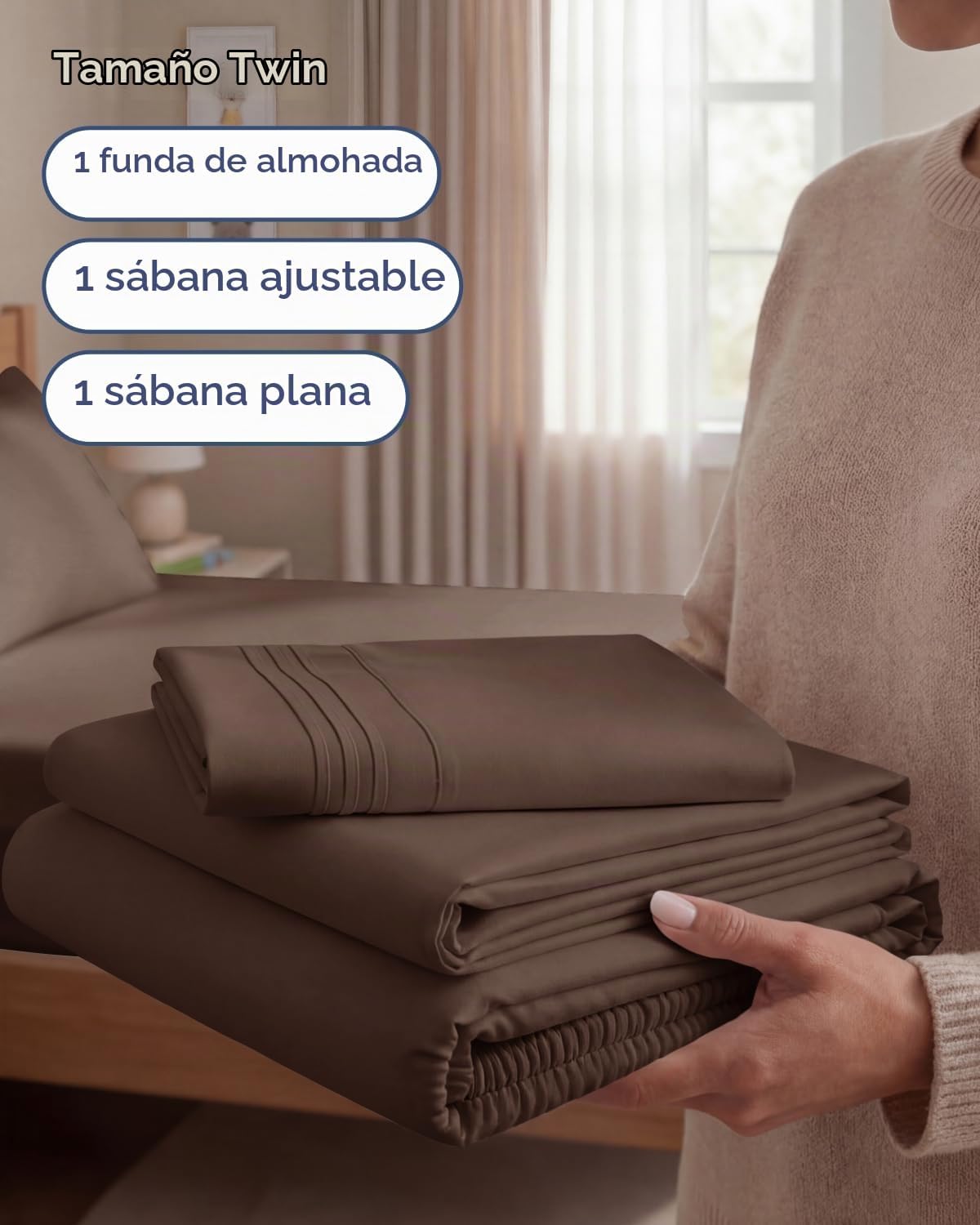 JUEGO DE SÁBANAS TWIN SIZE 3 PIEZAS MICROFIBRA MARRÓN - 3