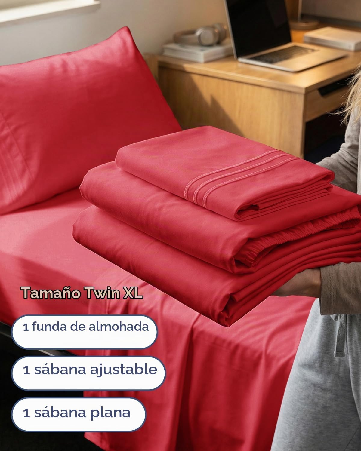 JUEGO DE SÁBANAS TWIN XL 3 PIEZAS MICROFIBRA ROJO - 3